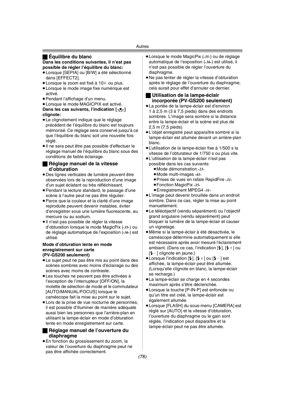 Panasonic PV-GS120 operating instructions Équilibre du blanc, Réglage manuel de la vitesse ’obturation 