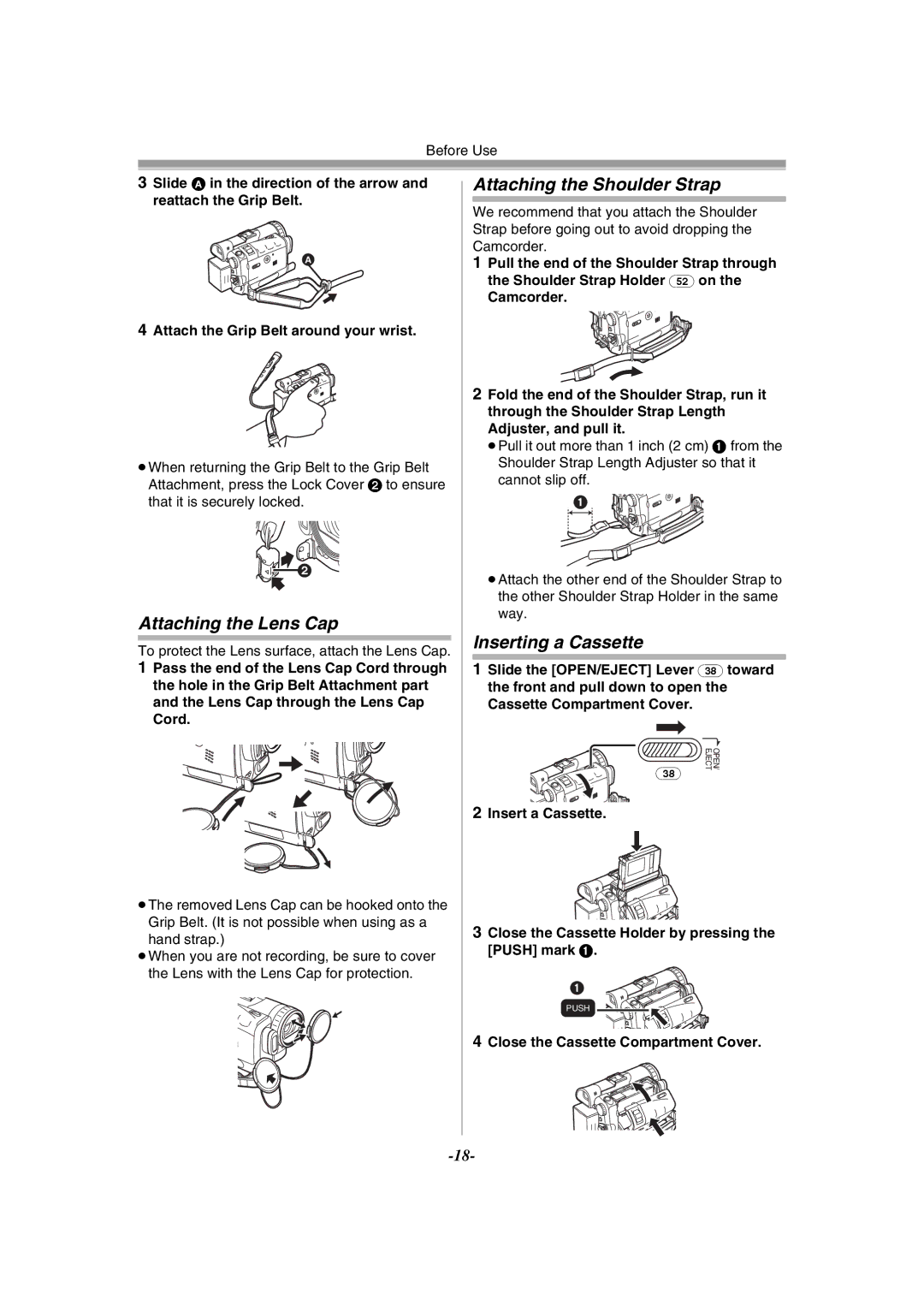 Panasonic PV-GS120 Attaching the Lens Cap, Attaching the Shoulder Strap, Inserting a Cassette, Hand strap 