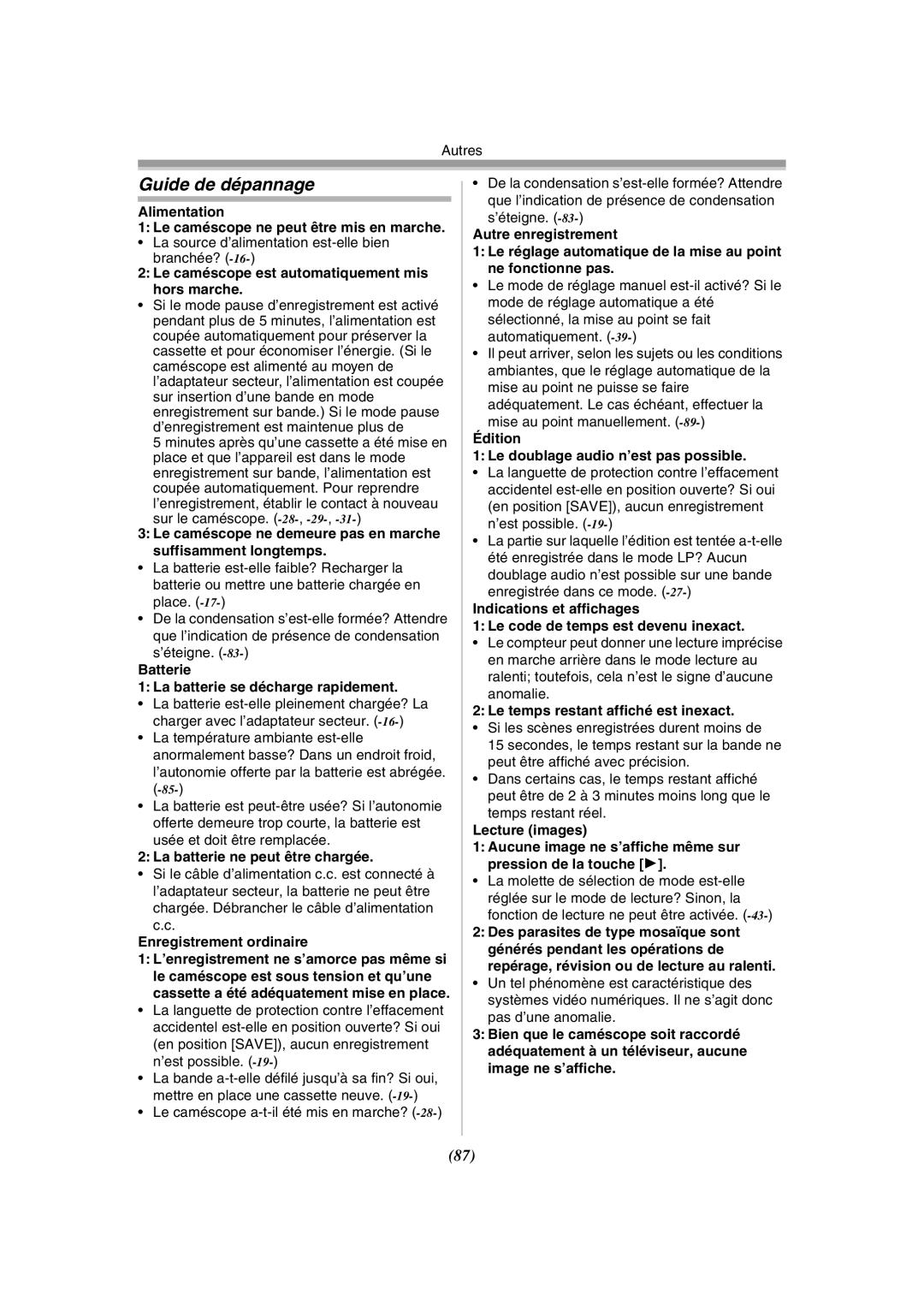 Panasonic PV-GS120 operating instructions Guide de dépannage 