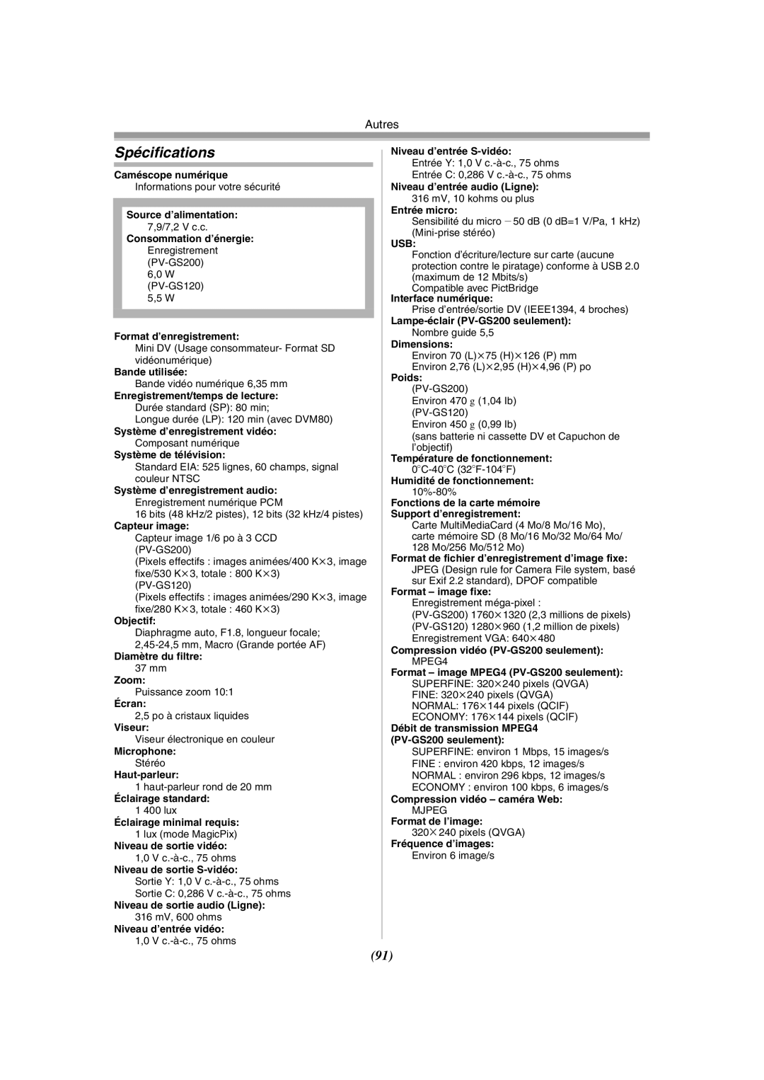 Panasonic PV-GS120 operating instructions Spécifications, Capteur image 