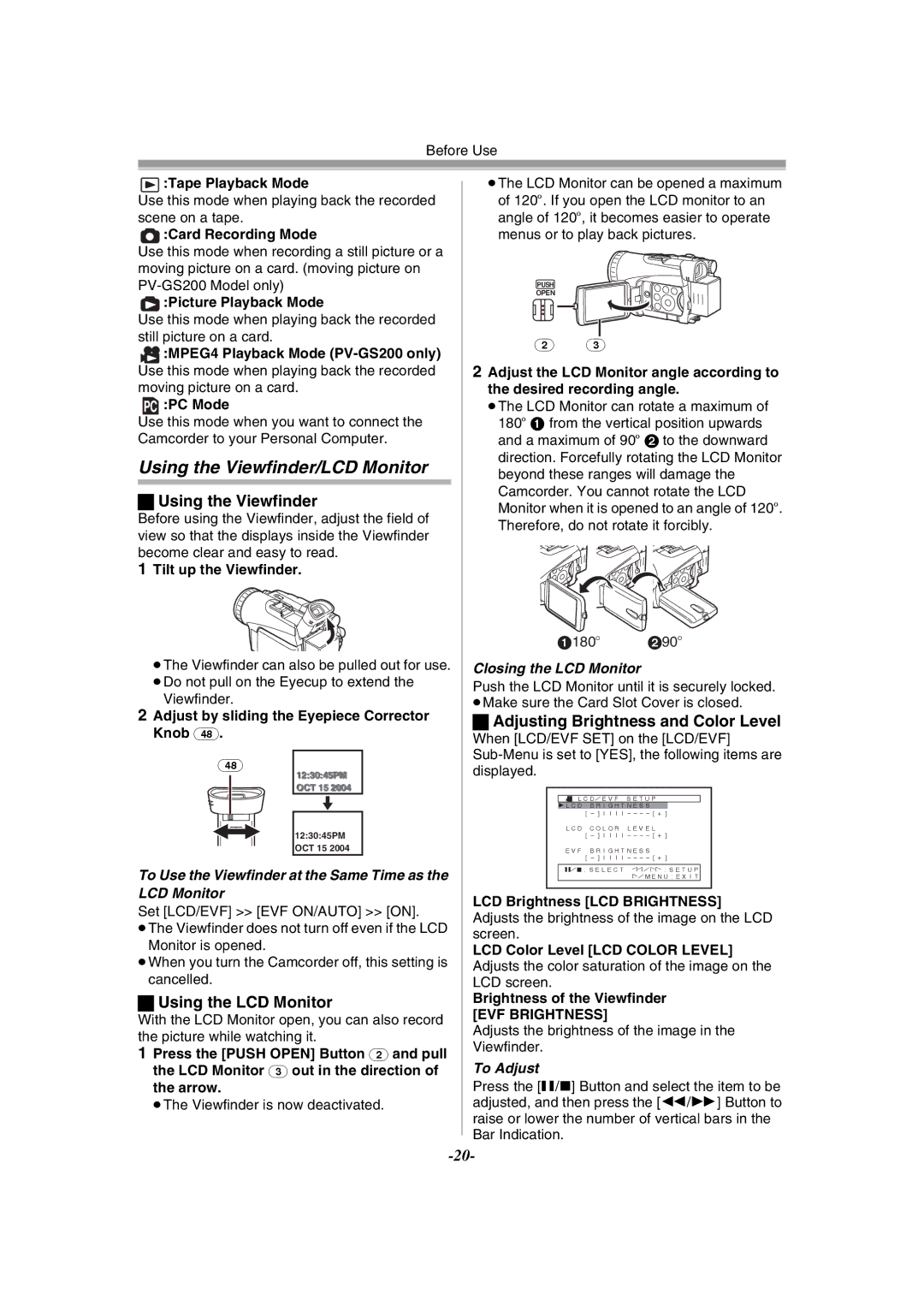 Panasonic PV-GS120 Using the Viewfinder/LCD Monitor, Using the LCD Monitor, Adjusting Brightness and Color Level 
