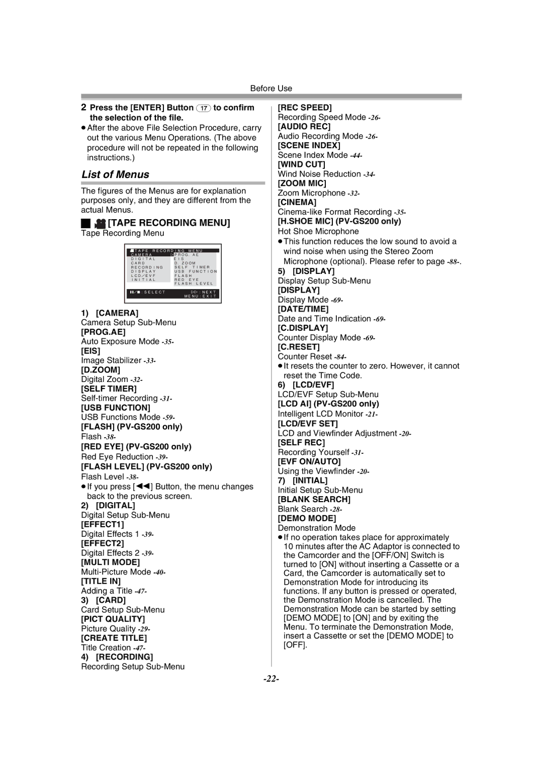 Panasonic PV-GS120 operating instructions List of Menus, Tape Recording Menu 