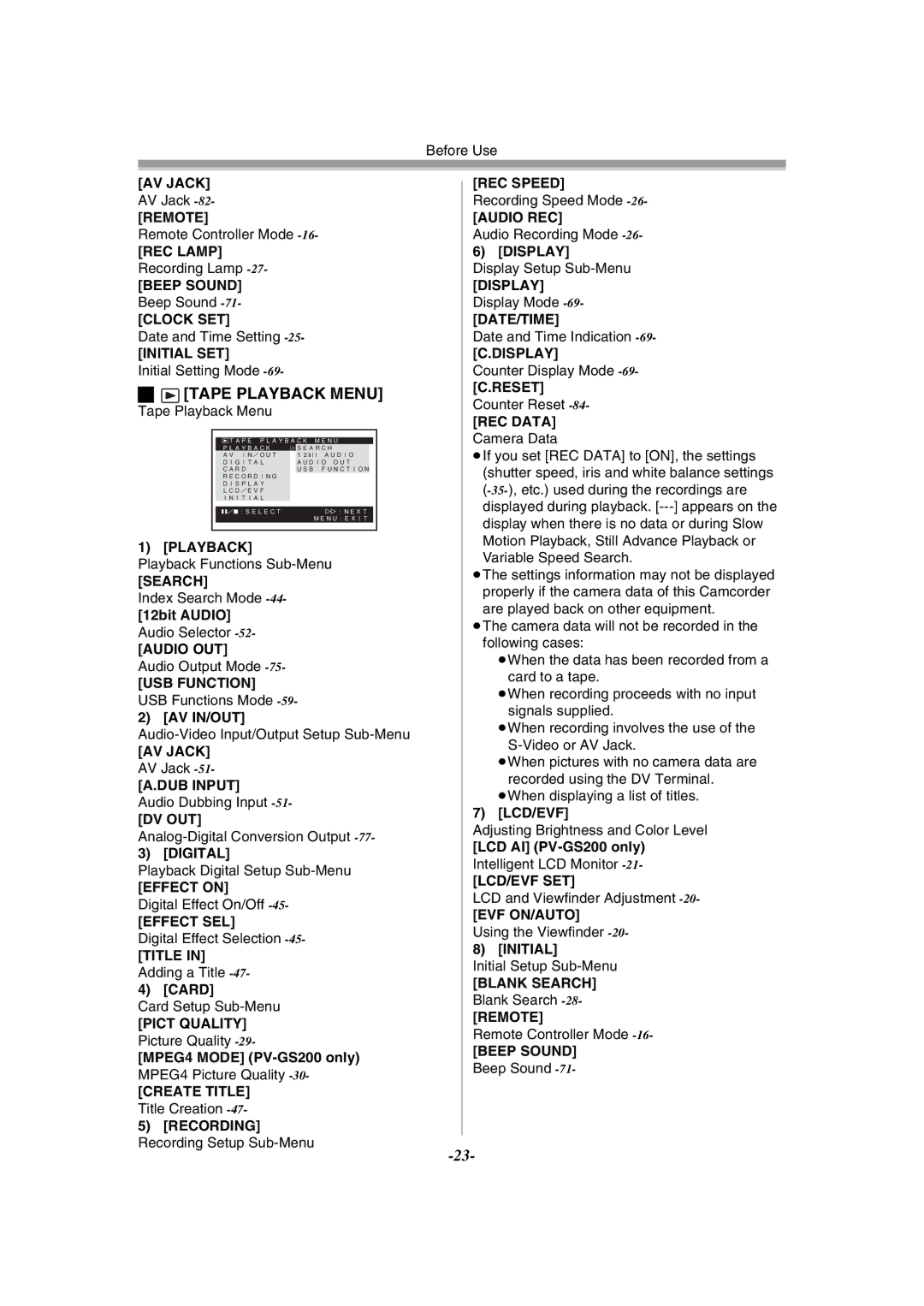 Panasonic PV-GS120 operating instructions Tape Playback Menu 