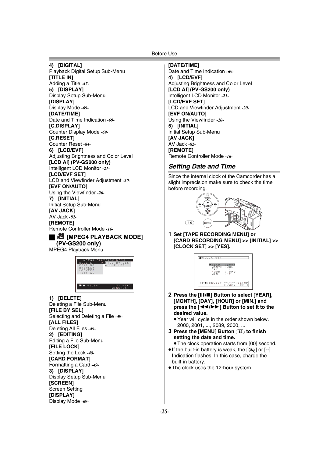 Panasonic PV-GS120 operating instructions Setting Date and Time, MPEG4 Playback Mode PV-GS200 only, Card Format, Screen 