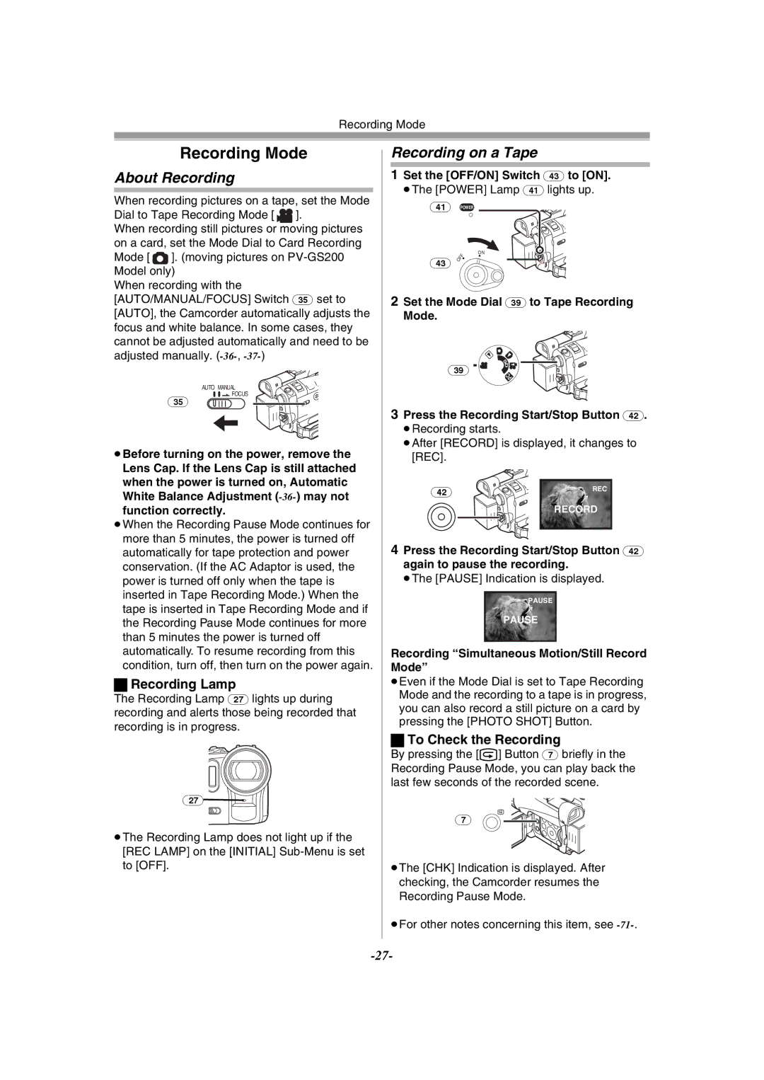 Panasonic PV-GS120 operating instructions About Recording, Recording on a Tape, Recording Lamp, To Check the Recording 