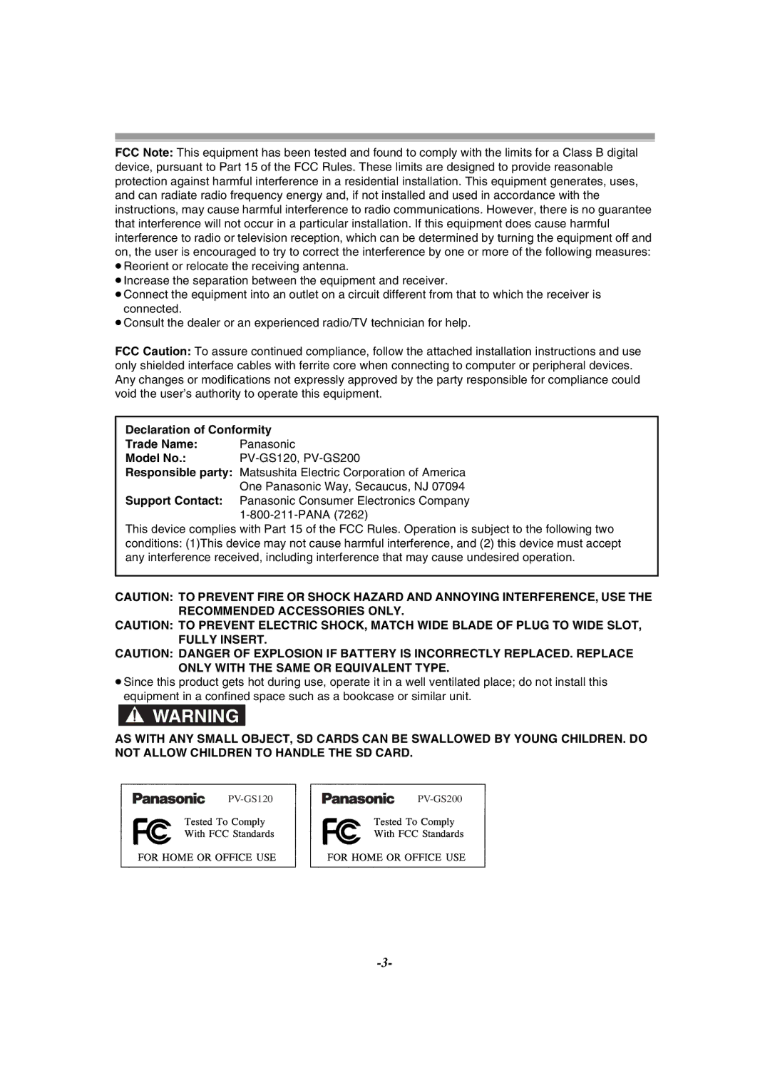 Panasonic operating instructions Declaration of Conformity Trade Name, Panasonic, Model No, PV-GS120, PV-GS200 