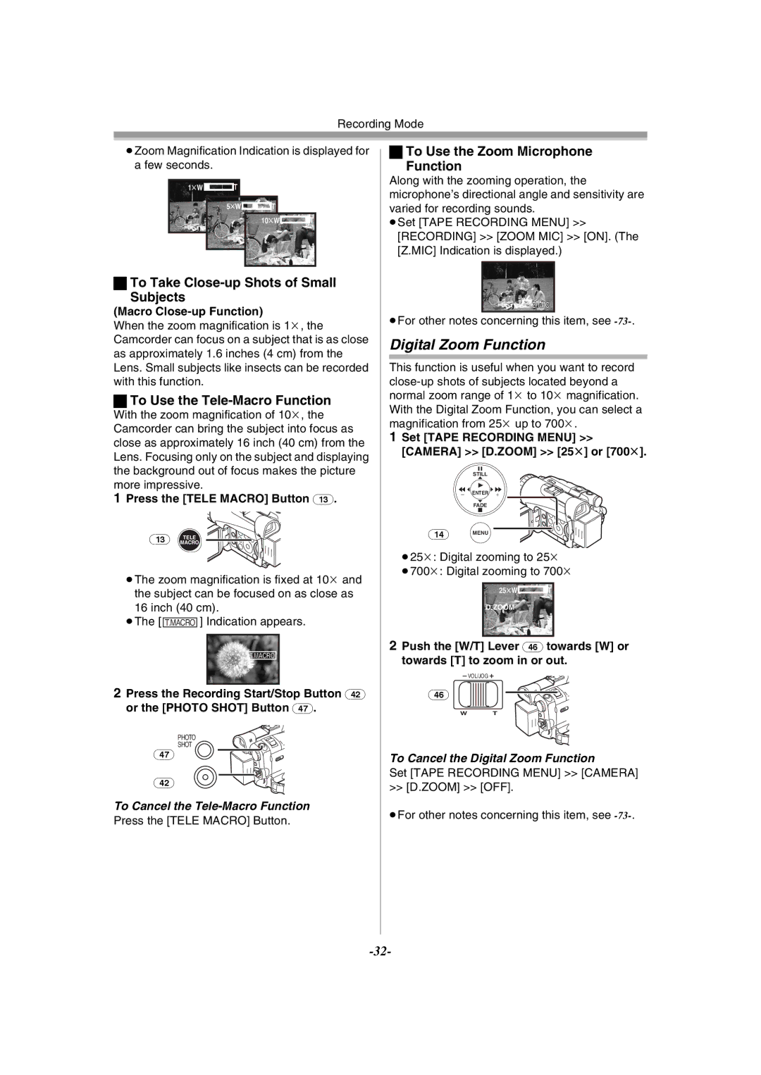 Panasonic PV-GS120 Digital Zoom Function, To Take Close-up Shots of Small Subjects, To Use the Tele-Macro Function 