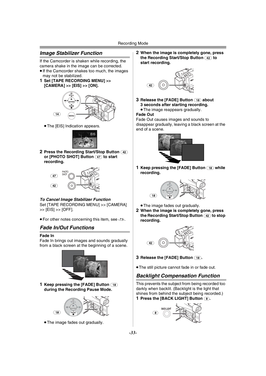 Panasonic PV-GS120 operating instructions Image Stabilizer Function, Fade In/Out Functions, Backlight Compensation Function 