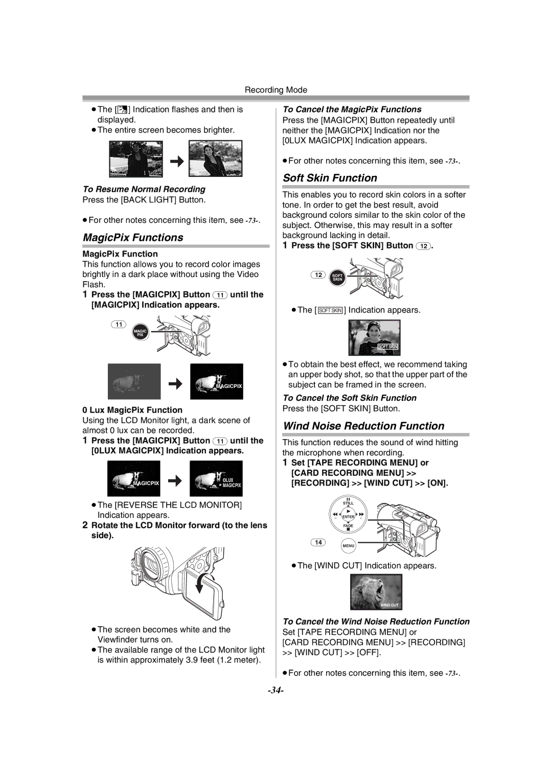 Panasonic PV-GS120 operating instructions MagicPix Functions, Soft Skin Function, Wind Noise Reduction Function 