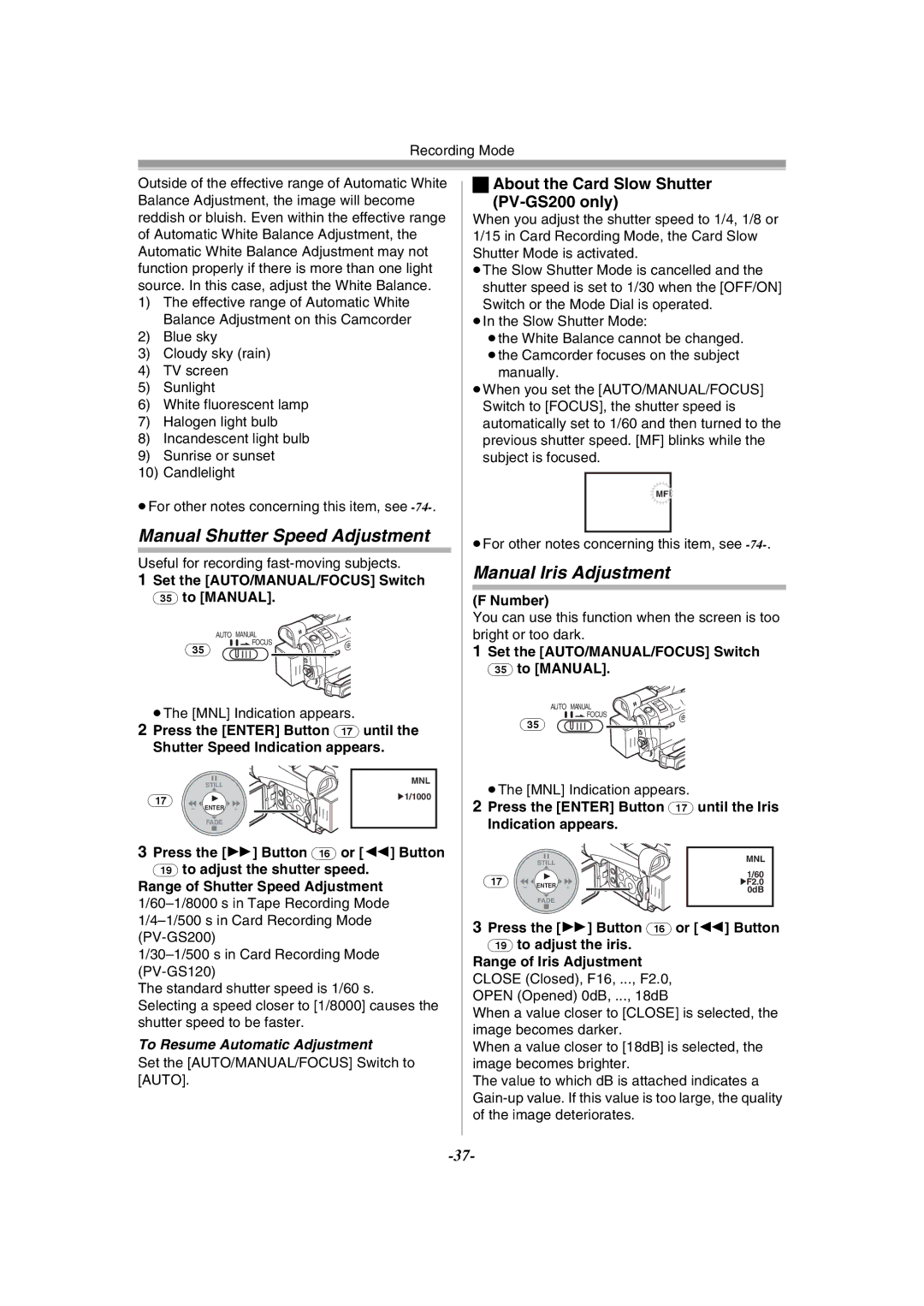 Panasonic PV-GS120 Manual Shutter Speed Adjustment, Manual Iris Adjustment, About the Card Slow Shutter PV-GS200 only 