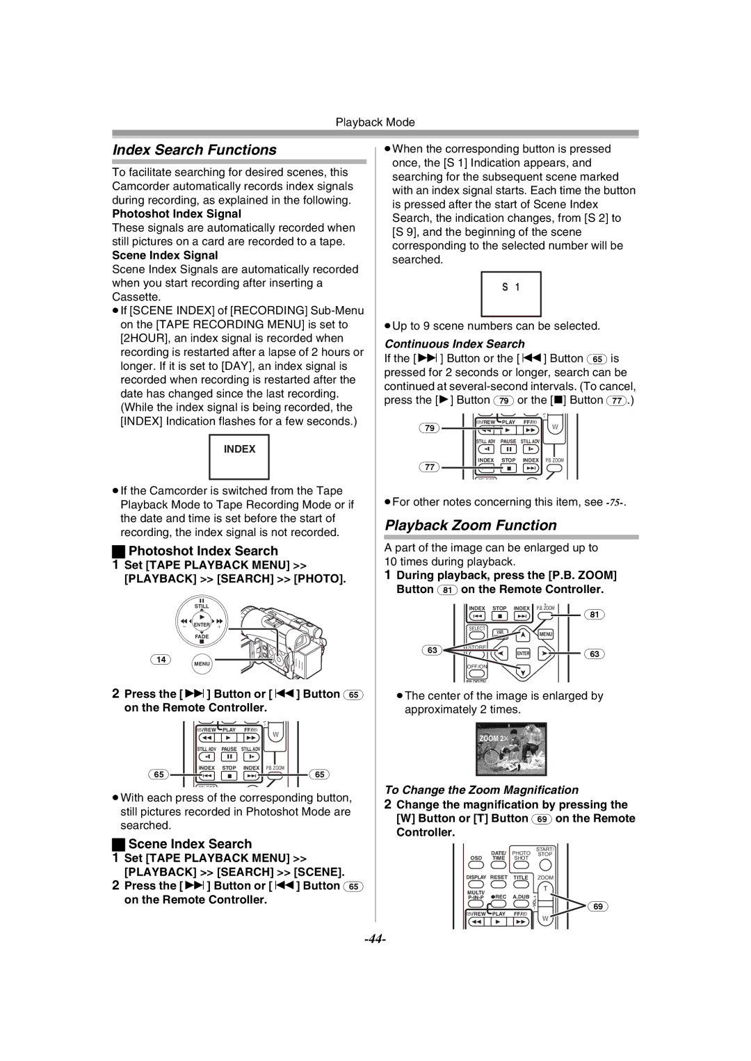 Panasonic PV-GS120 Index Search Functions, Playback Zoom Function, Photoshot Index Search, Scene Index Search 