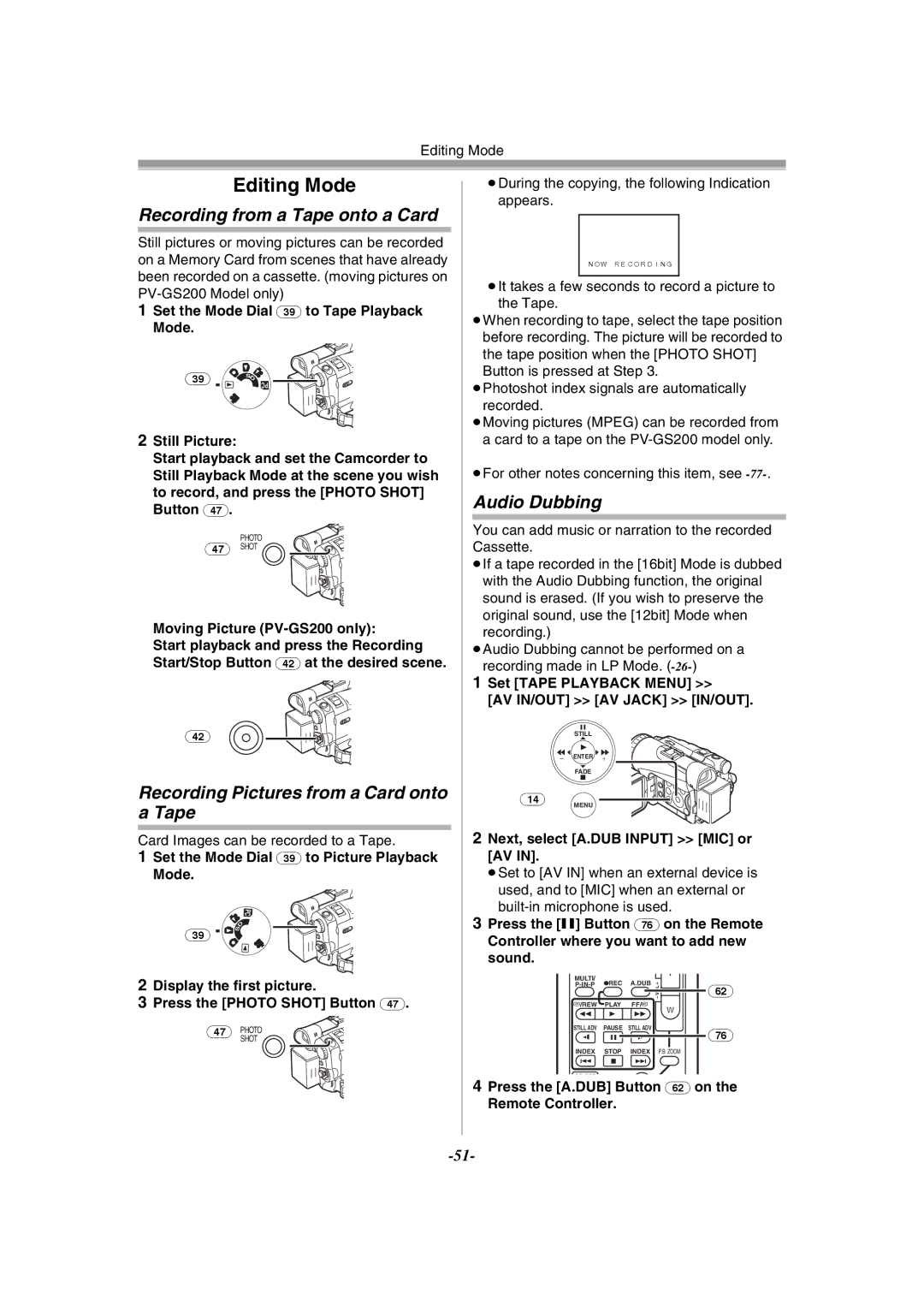 Panasonic PV-GS120 Recording from a Tape onto a Card, Audio Dubbing, Recording Pictures from a Card onto a Tape 