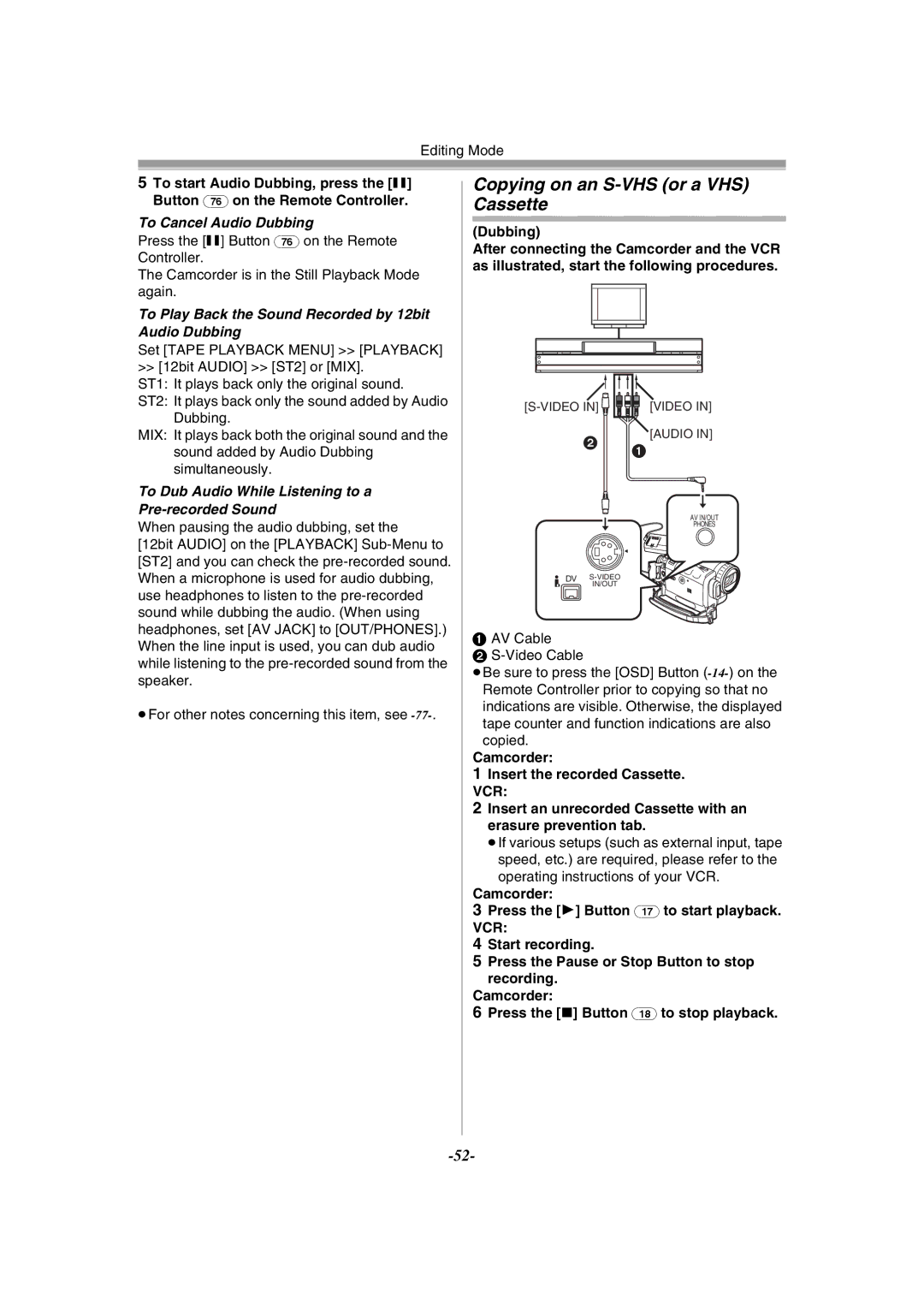 Panasonic PV-GS120 operating instructions Copying on an S-VHS or a VHS Cassette, To Cancel Audio Dubbing, Vcr 