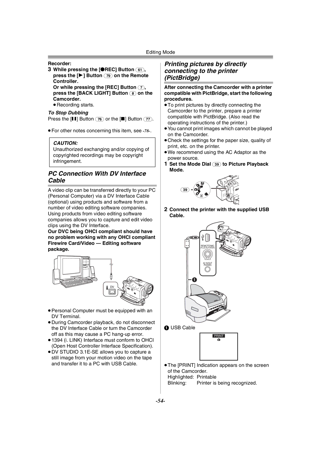 Panasonic PV-GS120 operating instructions PC Connection With DV Interface Cable, Recorder, To Stop Dubbing, USB Cable 