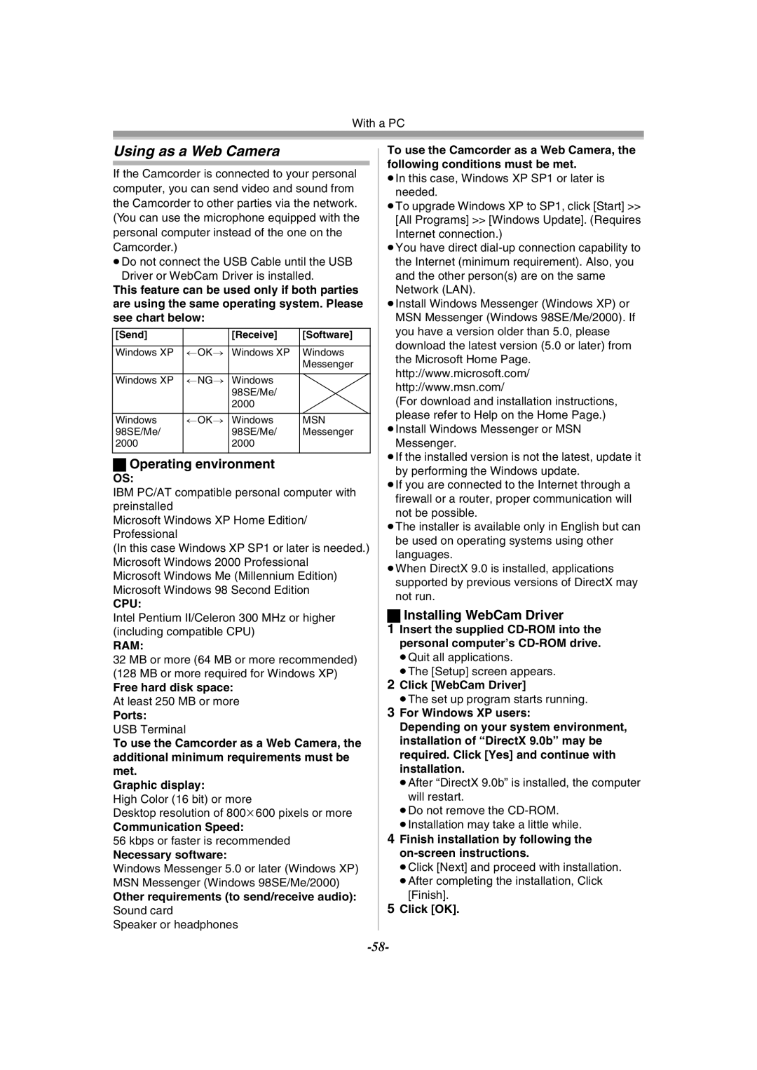 Panasonic PV-GS120 operating instructions Using as a Web Camera, Installing WebCam Driver 