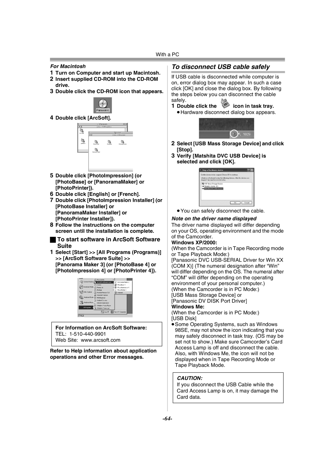 Panasonic PV-GS120 operating instructions To disconnect USB cable safely, To start software in ArcSoft Software Suite 