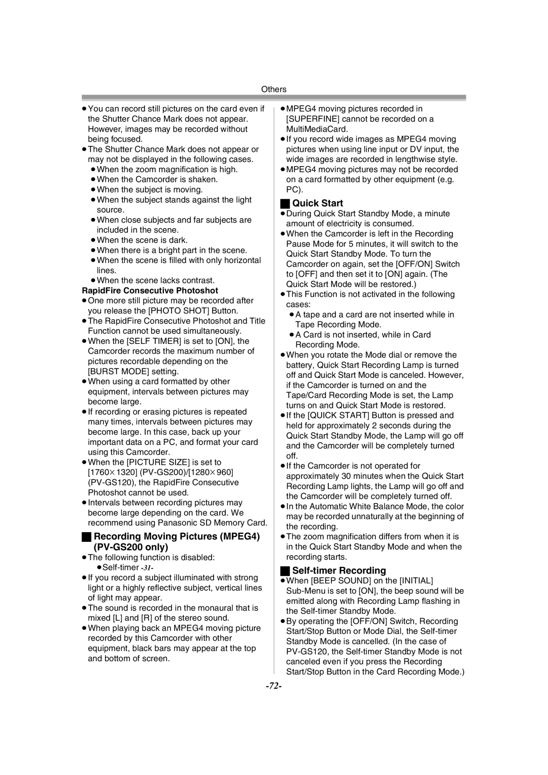 Panasonic PV-GS120 operating instructions Recording Moving Pictures MPEG4 PV-GS200 only, Quick Start, Self-timer Recording 