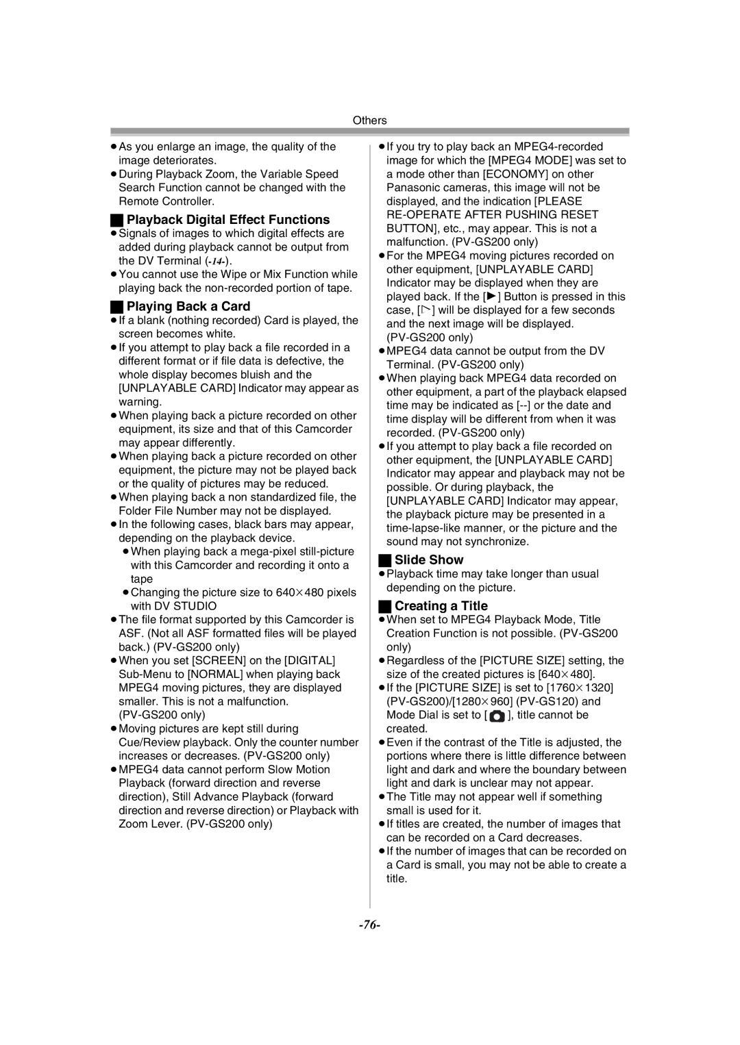 Panasonic PV-GS120 operating instructions Playback Digital Effect Functions, Slide Show, Creating a Title 