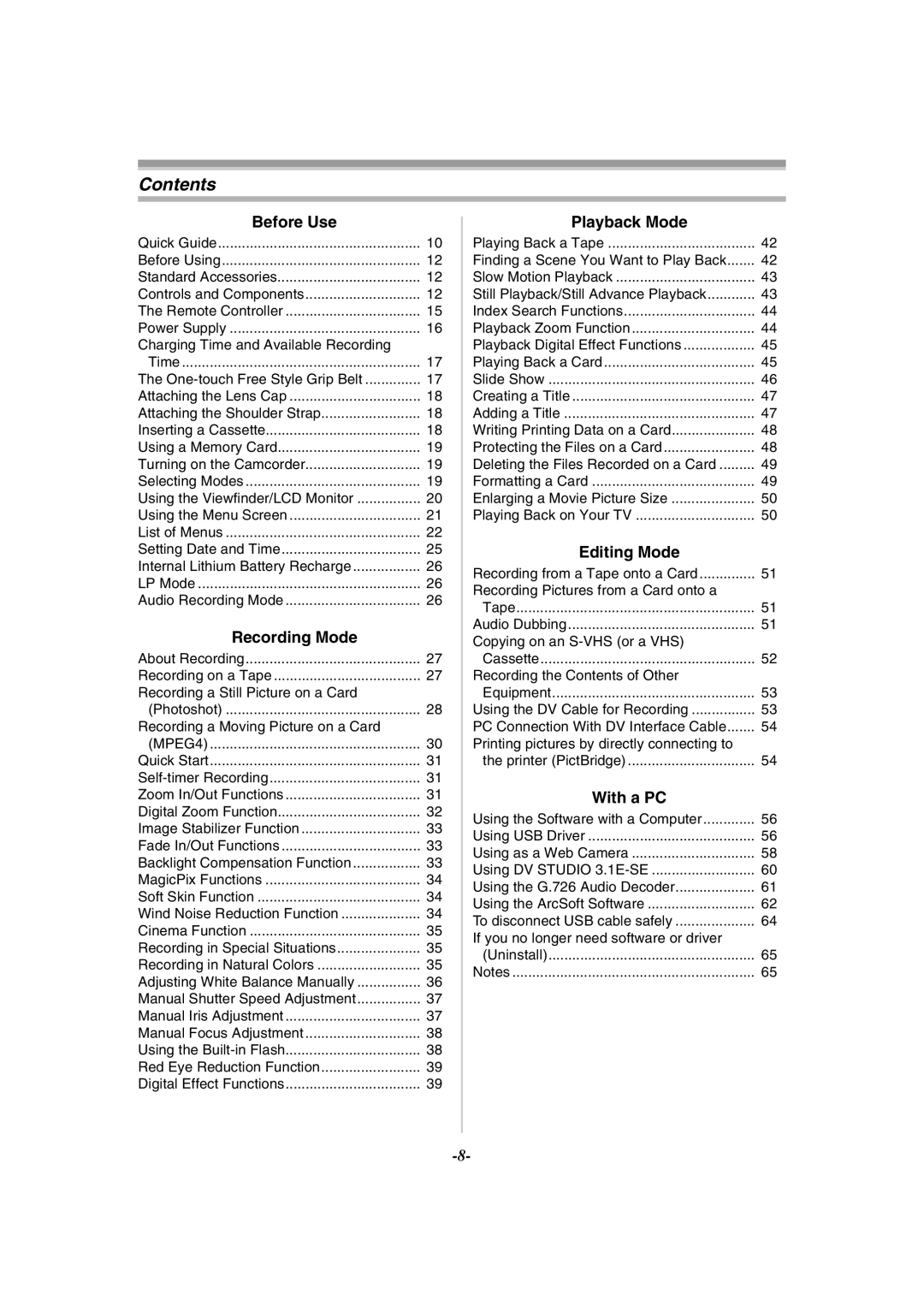 Panasonic PV-GS120 operating instructions Contents 