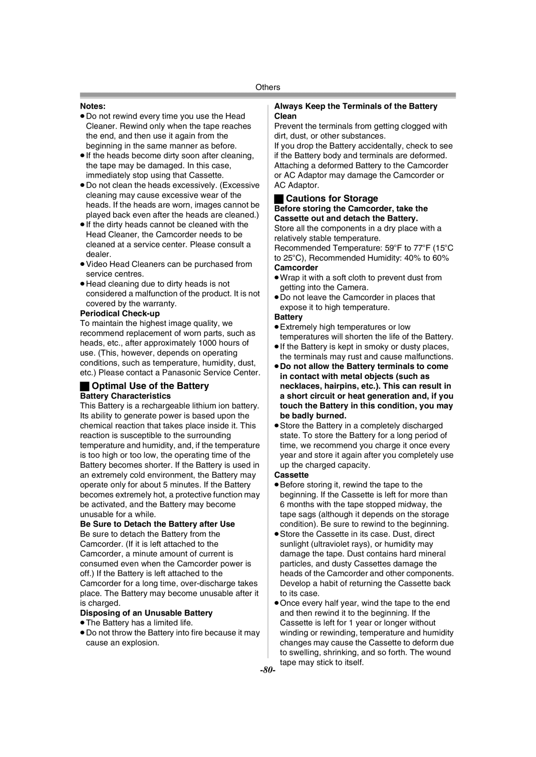 Panasonic PV-GS120 operating instructions Optimal Use of the Battery 