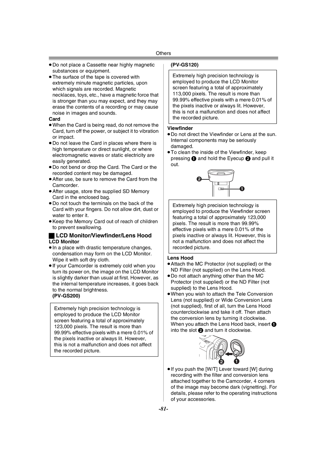 Panasonic PV-GS120 operating instructions LCD Monitor/Viewfinder/Lens Hood, Noise in images and sounds 