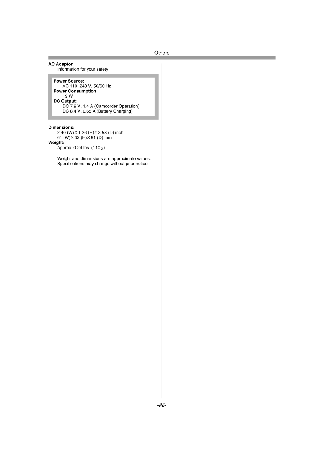 Panasonic PV-GS120 operating instructions AC Adaptor 