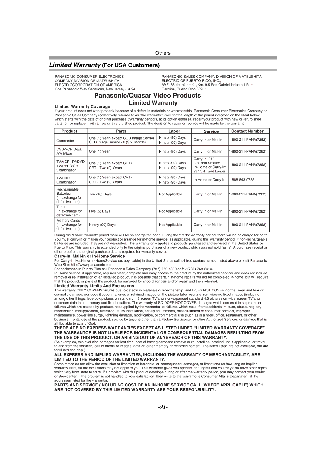 Panasonic PV-GS120 operating instructions Panasonic/Quasar Video Products, Limited Warranty For USA Customers 