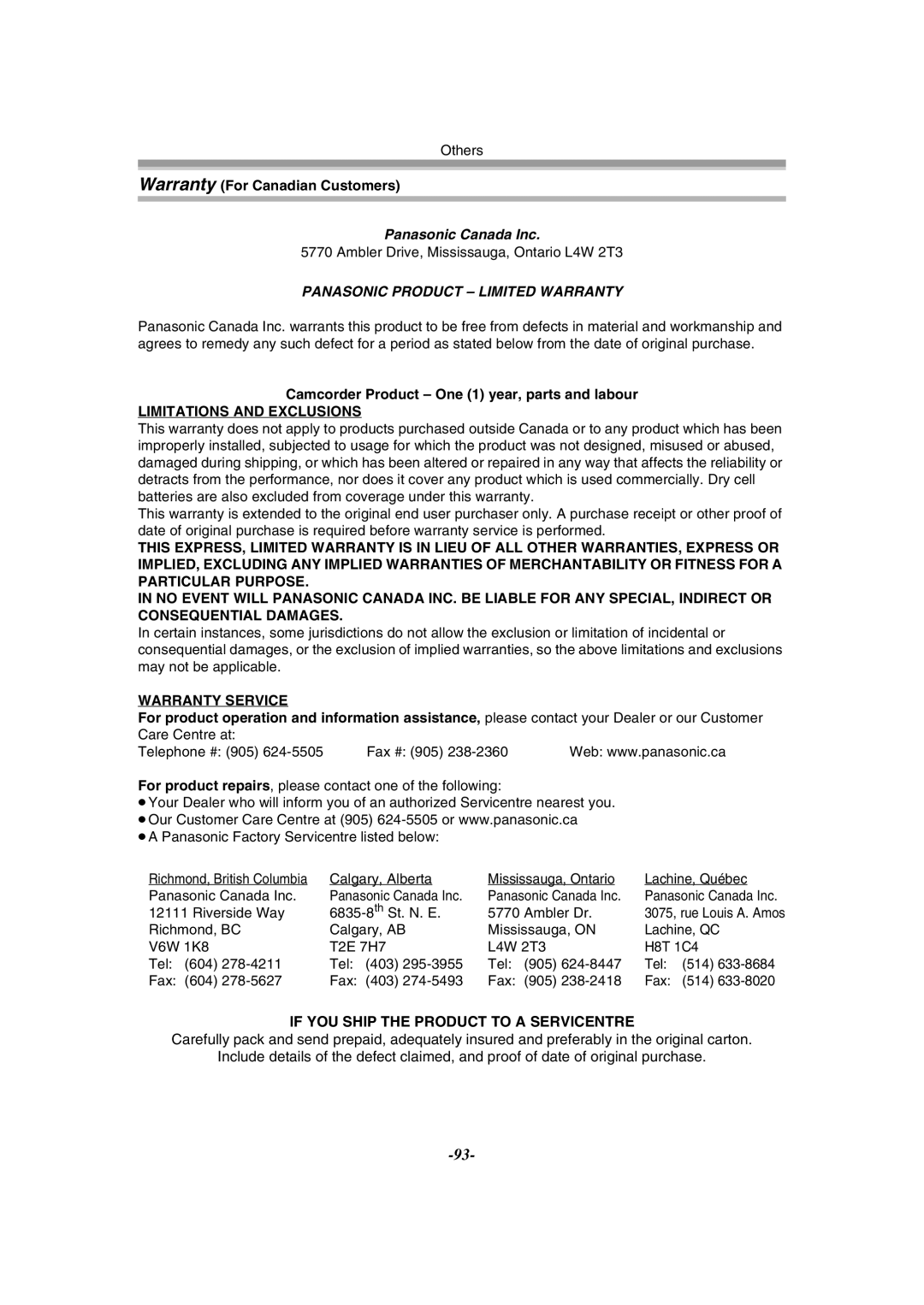 Panasonic PV-GS120 operating instructions Panasonic Canada Inc, Limitations and Exclusions, Warranty Service 