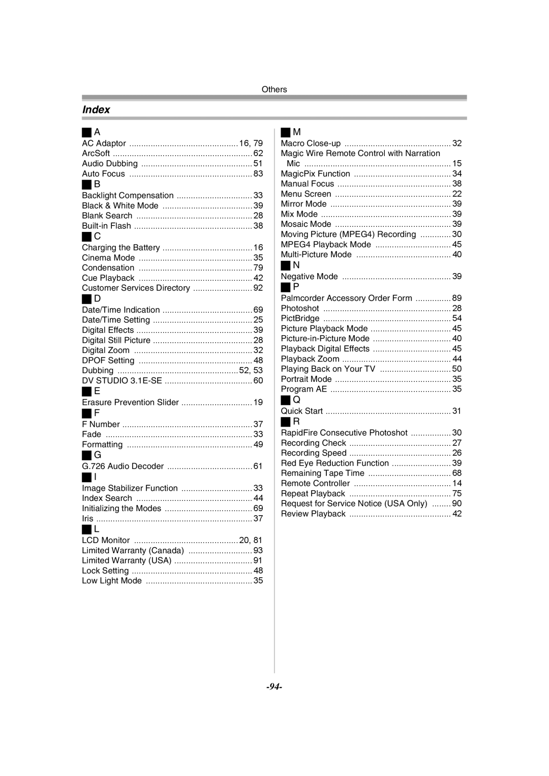 Panasonic PV-GS120 operating instructions Index, RapidFire Consecutive Photoshot Recording Check 