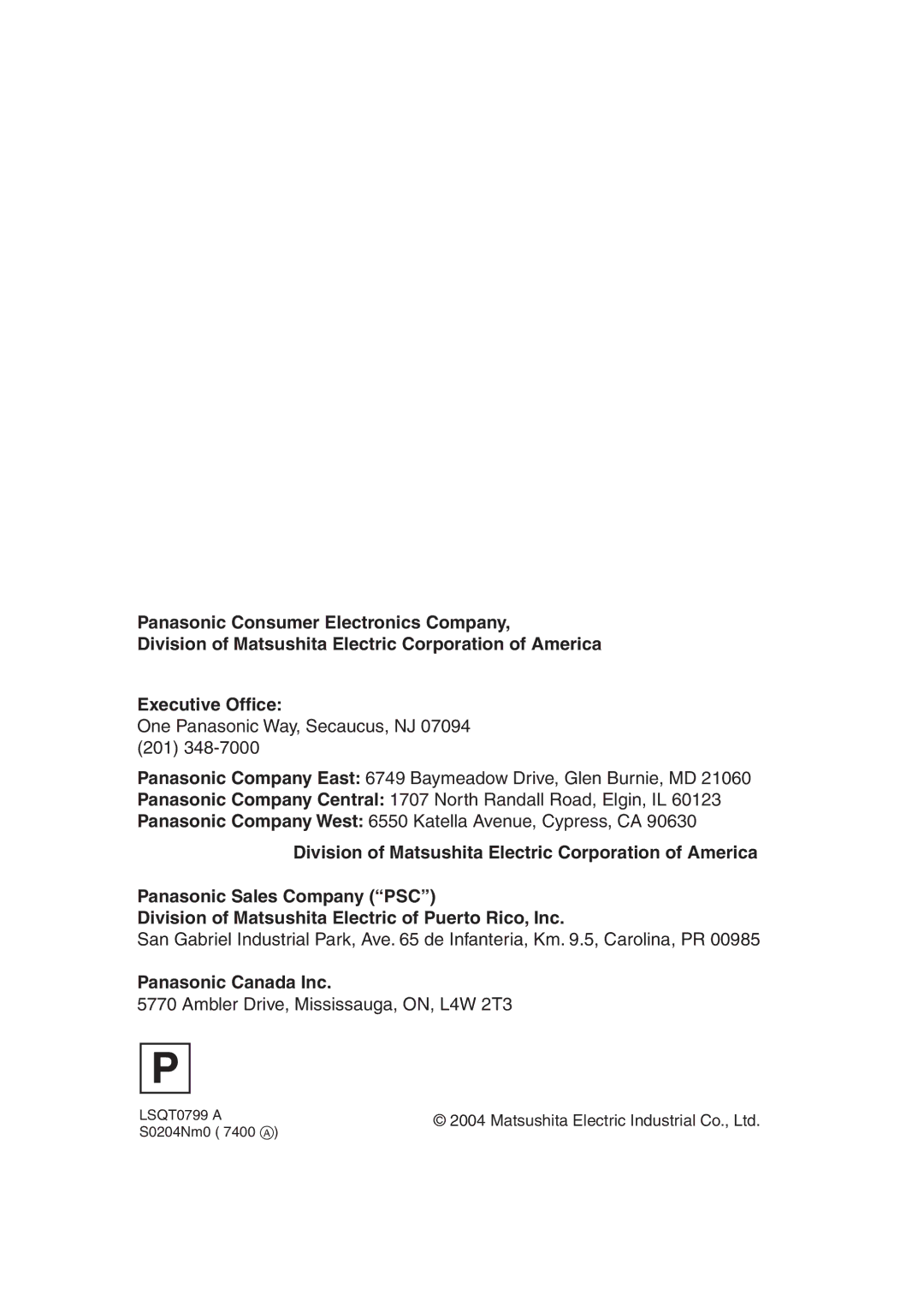 Panasonic PV-GS120 operating instructions Panasonic Canada Inc 