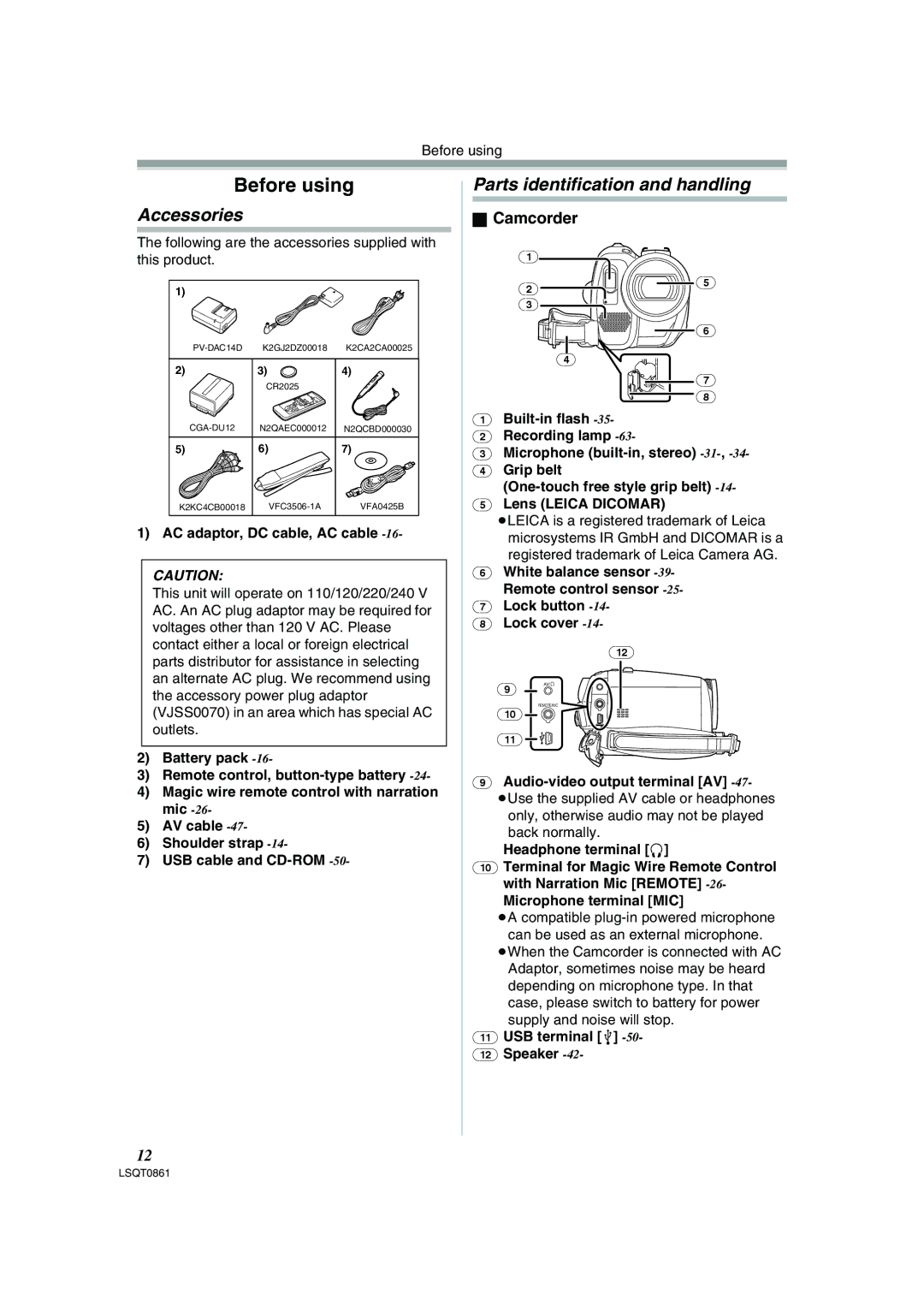 Panasonic PV-GS150 operating instructions Accessories, Parts identification and handling, Camcorder 