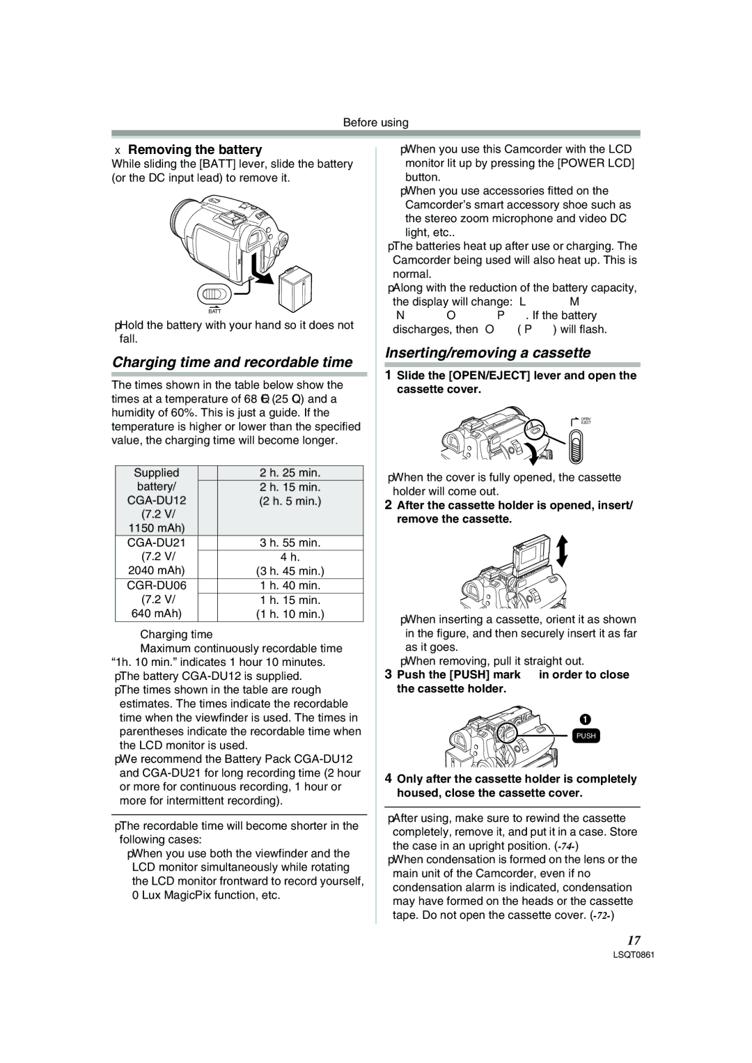 Panasonic PV-GS150 Charging time and recordable time, Inserting/removing a cassette, Removing the battery 