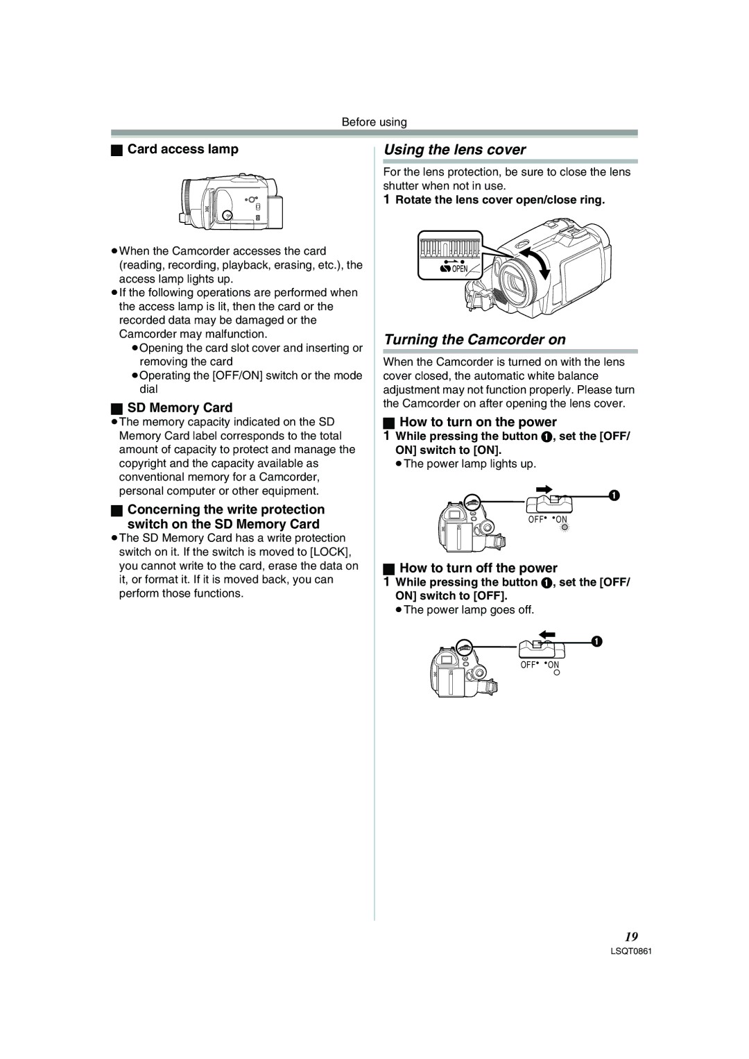 Panasonic PV-GS150 operating instructions Using the lens cover, Turning the Camcorder on, Card access lamp, SD Memory Card 