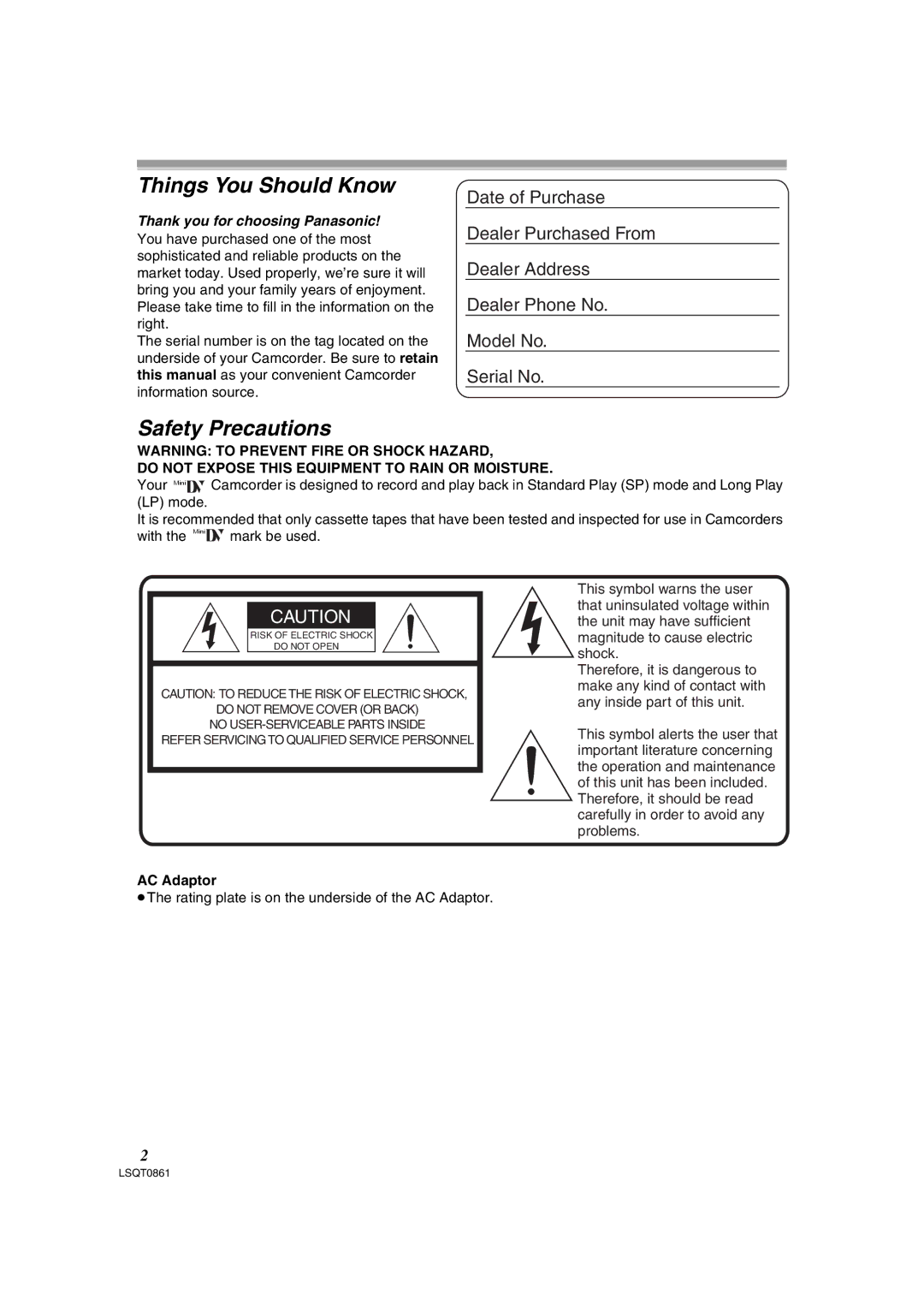 Panasonic PV-GS150 operating instructions Things You Should Know, AC Adaptor 