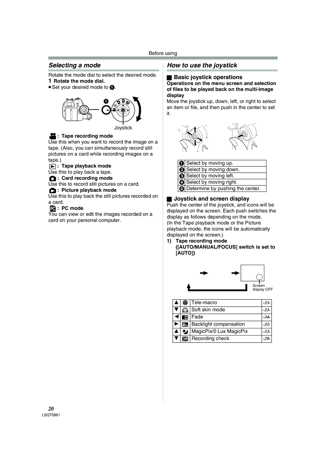 Panasonic PV-GS150 Selecting a mode, How to use the joystick, Basic joystick operations, Joystick and screen display 