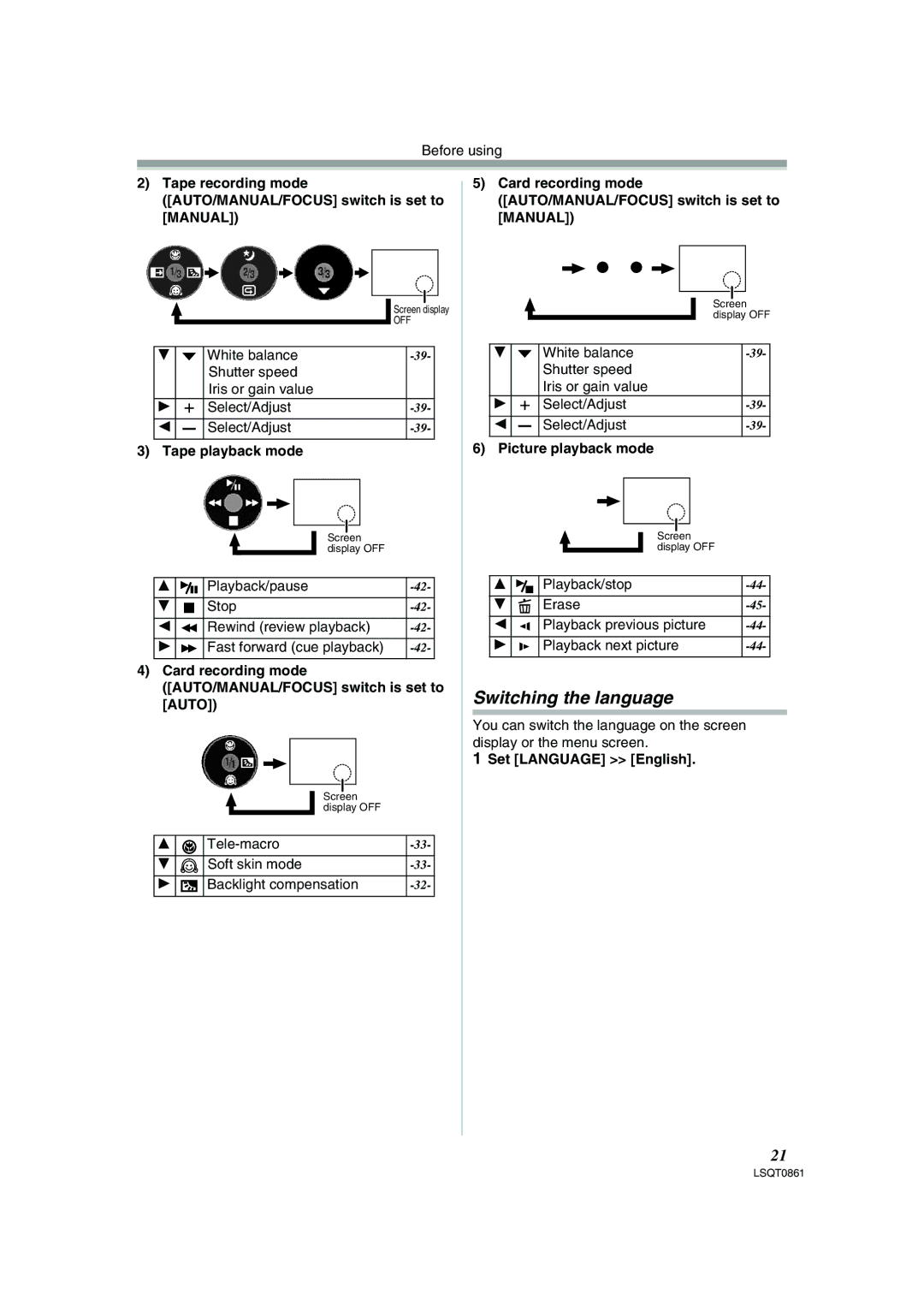 Panasonic PV-GS150 Switching the language, Card recording mode AUTO/MANUAL/FOCUS switch is set to Auto 