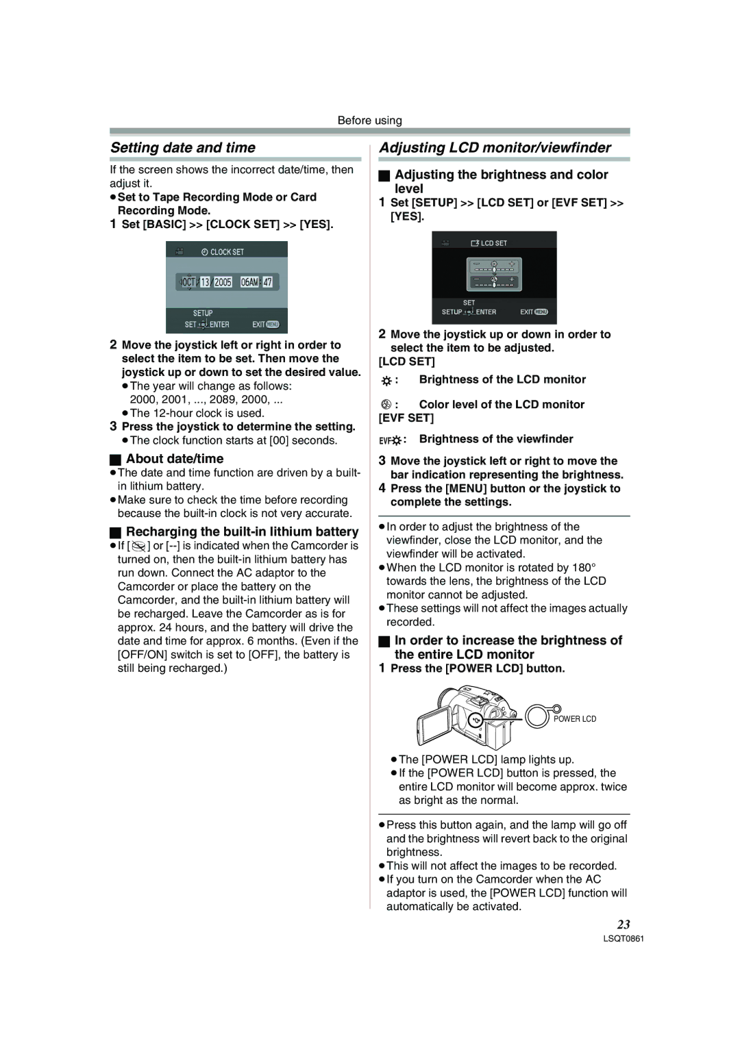 Panasonic PV-GS150 operating instructions Setting date and time, Adjusting LCD monitor/viewfinder 