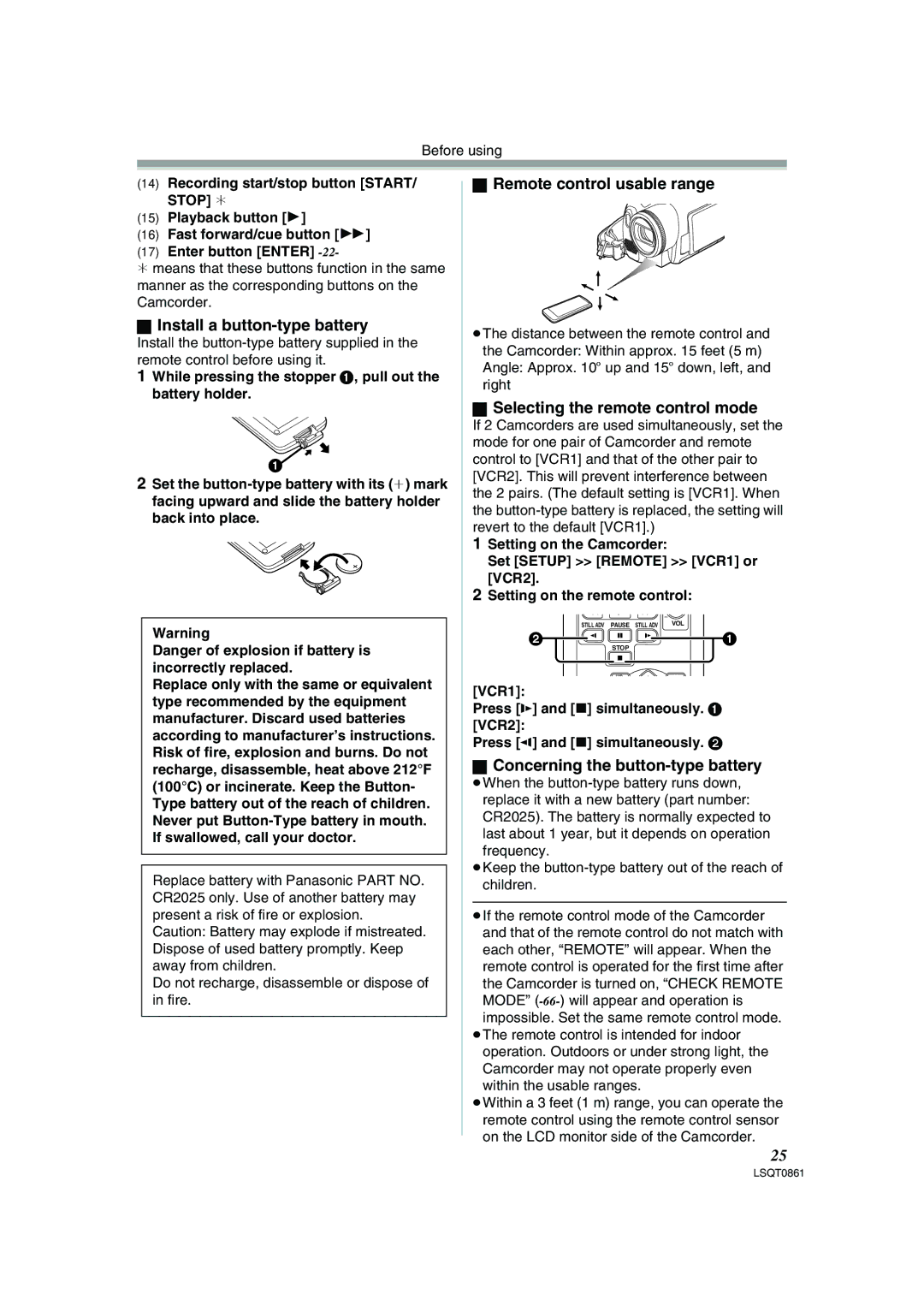 Panasonic PV-GS150 Install a button-type battery, Remote control usable range, Selecting the remote control mode 