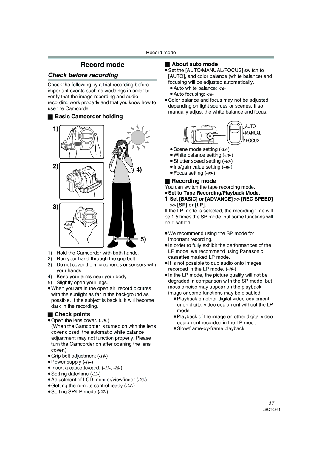 Panasonic PV-GS150 Check before recording, Basic Camcorder holding, Check points, About auto mode, Recording mode 