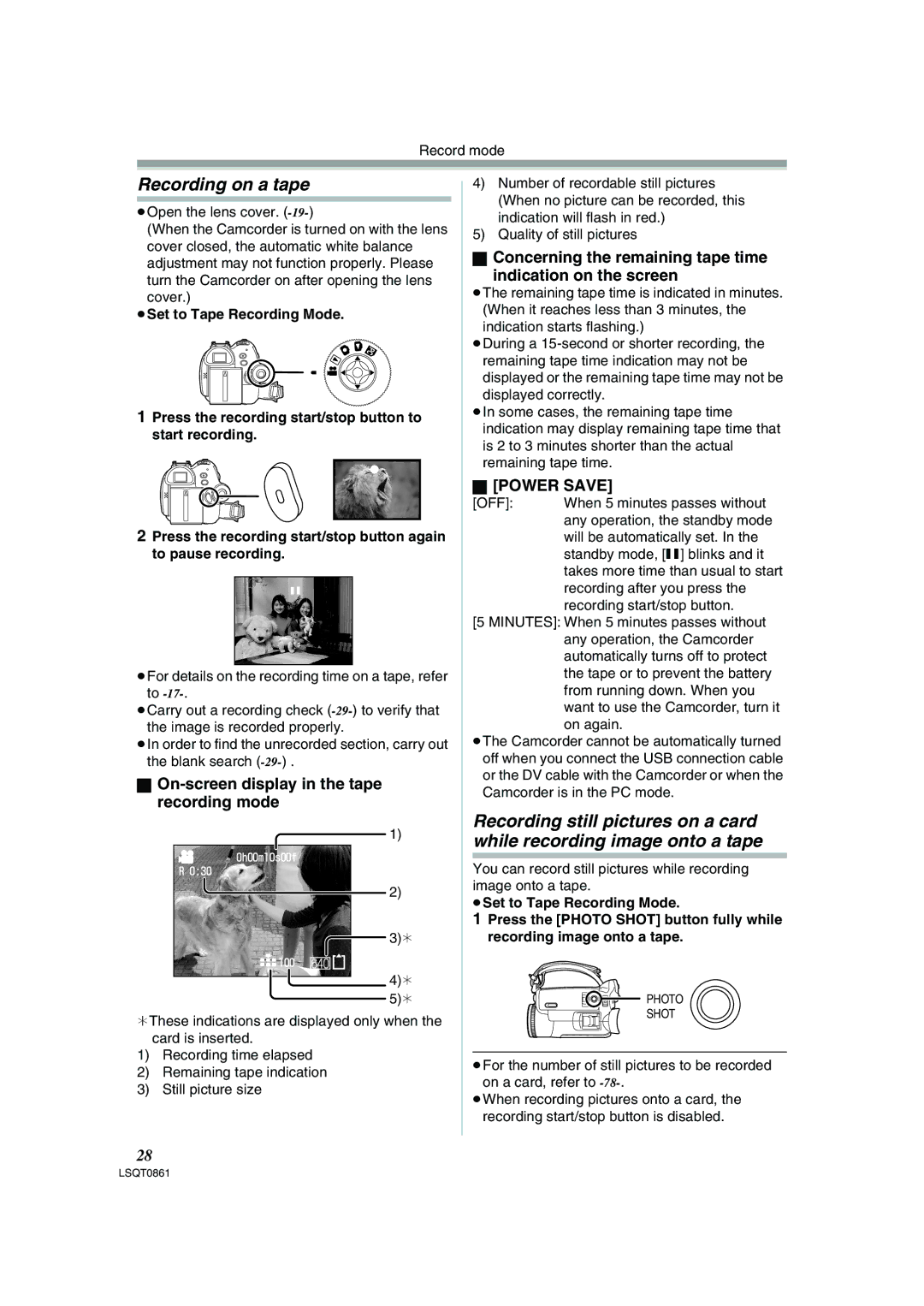 Panasonic PV-GS150 operating instructions Recording on a tape, On-screen display in the tape recording mode, Power Save 