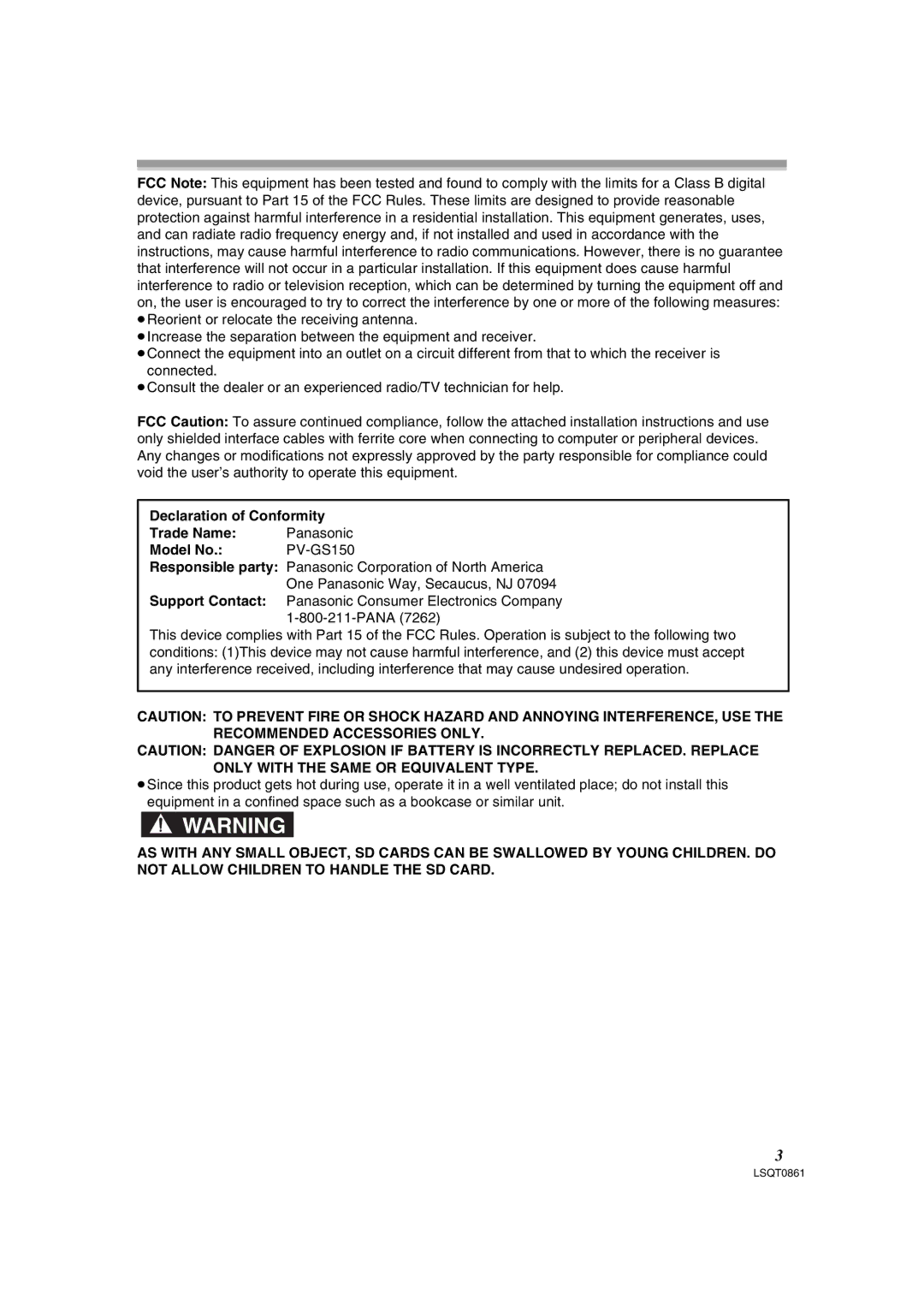 Panasonic PV-GS150 operating instructions LSQT0861 