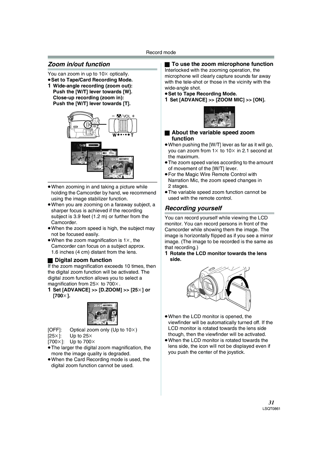 Panasonic PV-GS150 Zoom in/out function, Recording yourself, Digital zoom function, To use the zoom microphone function 