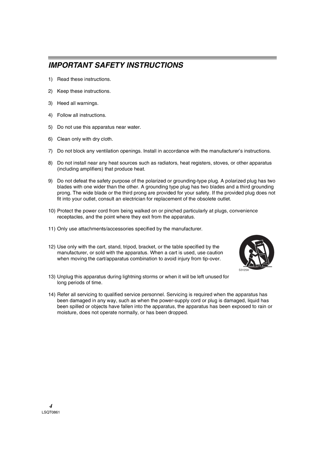 Panasonic PV-GS150 operating instructions Important Safety Instructions 