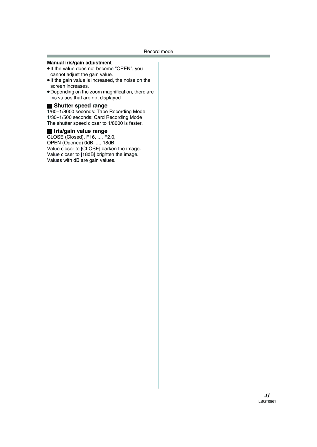 Panasonic PV-GS150 operating instructions Shutter speed range, Iris/gain value range, Manual iris/gain adjustment 