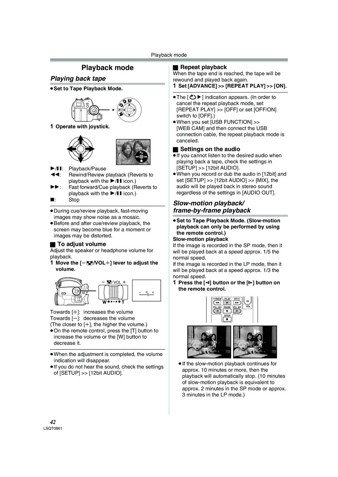 Panasonic PV-GS150 Playing back tape, Slow-motion playback/ frame-by-frame playback, To adjust volume, Repeat playback 