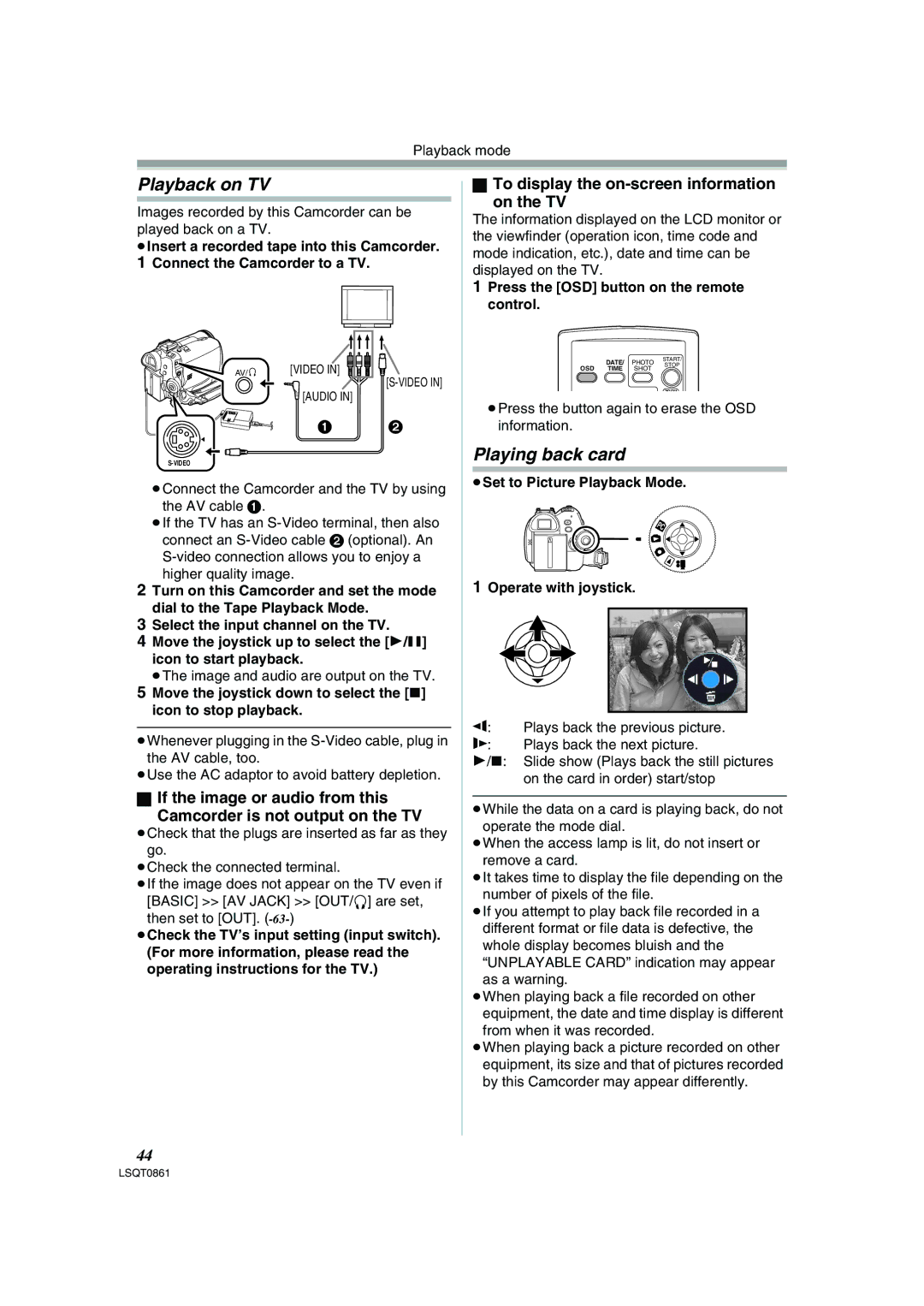 Panasonic PV-GS150 operating instructions Playback on TV, Playing back card, To display the on-screen information On the TV 