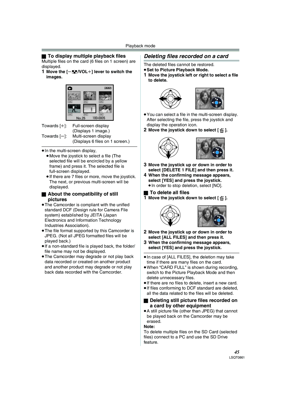 Panasonic PV-GS150 Deleting files recorded on a card, To display multiple playback files, To delete all files 