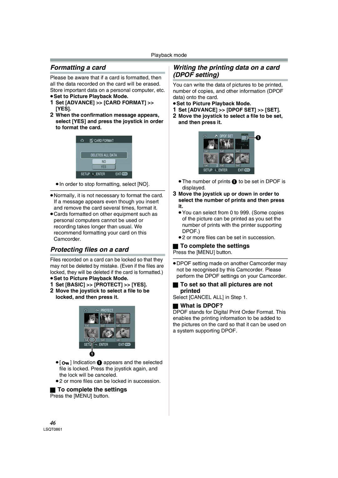 Panasonic PV-GS150 Formatting a card, Protecting files on a card, Writing the printing data on a card Dpof setting 