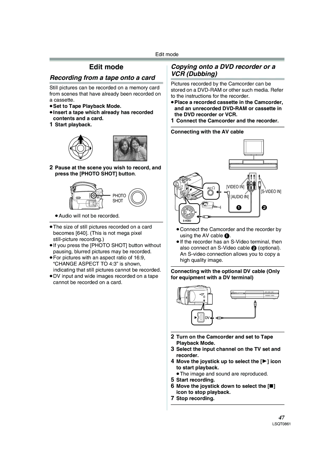 Panasonic PV-GS150 Recording from a tape onto a card, Copying onto a DVD recorder or a VCR Dubbing, Edit mode 