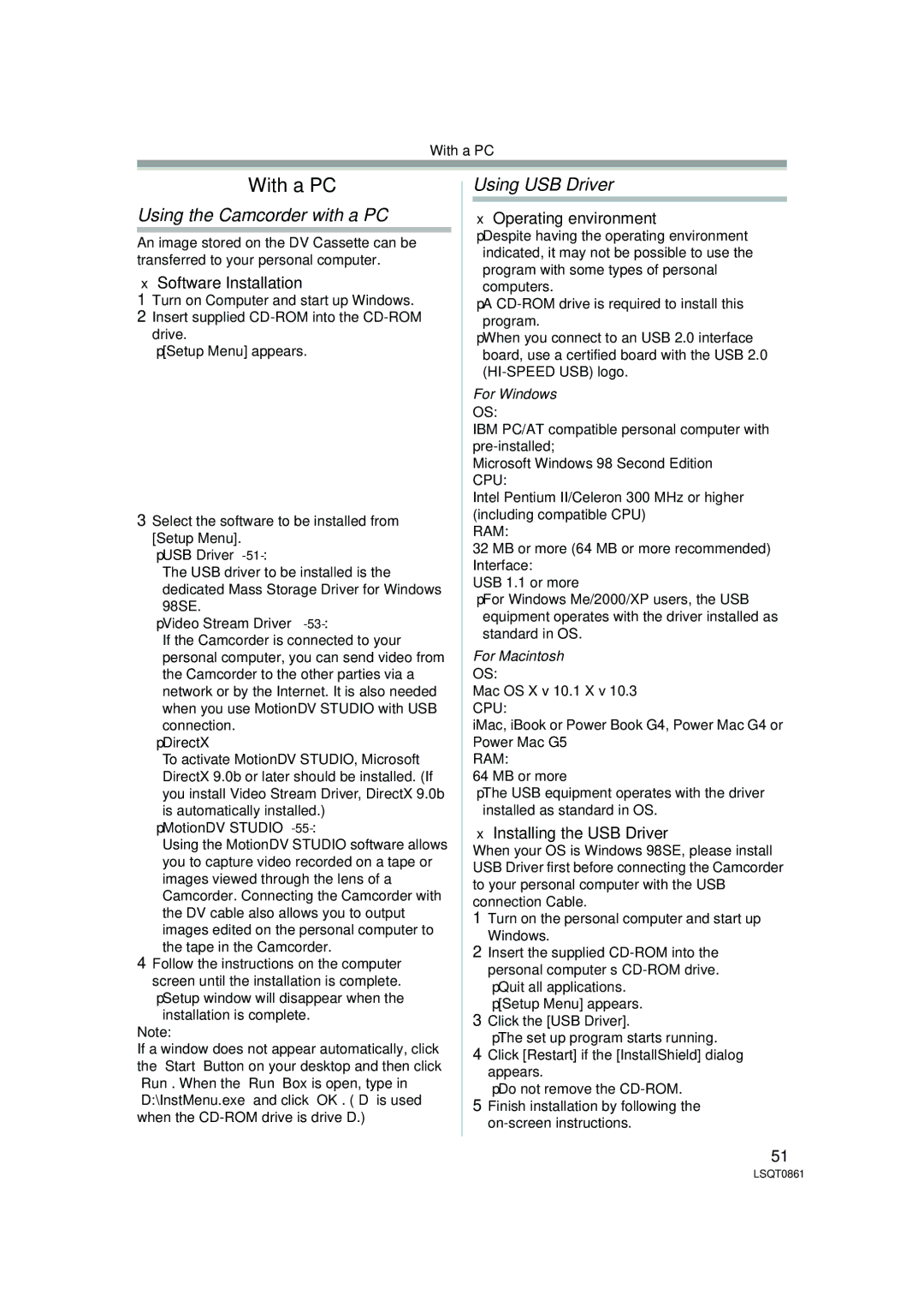 Panasonic PV-GS150 Using the Camcorder with a PC, Using USB Driver, Software Installation, Operating environment 